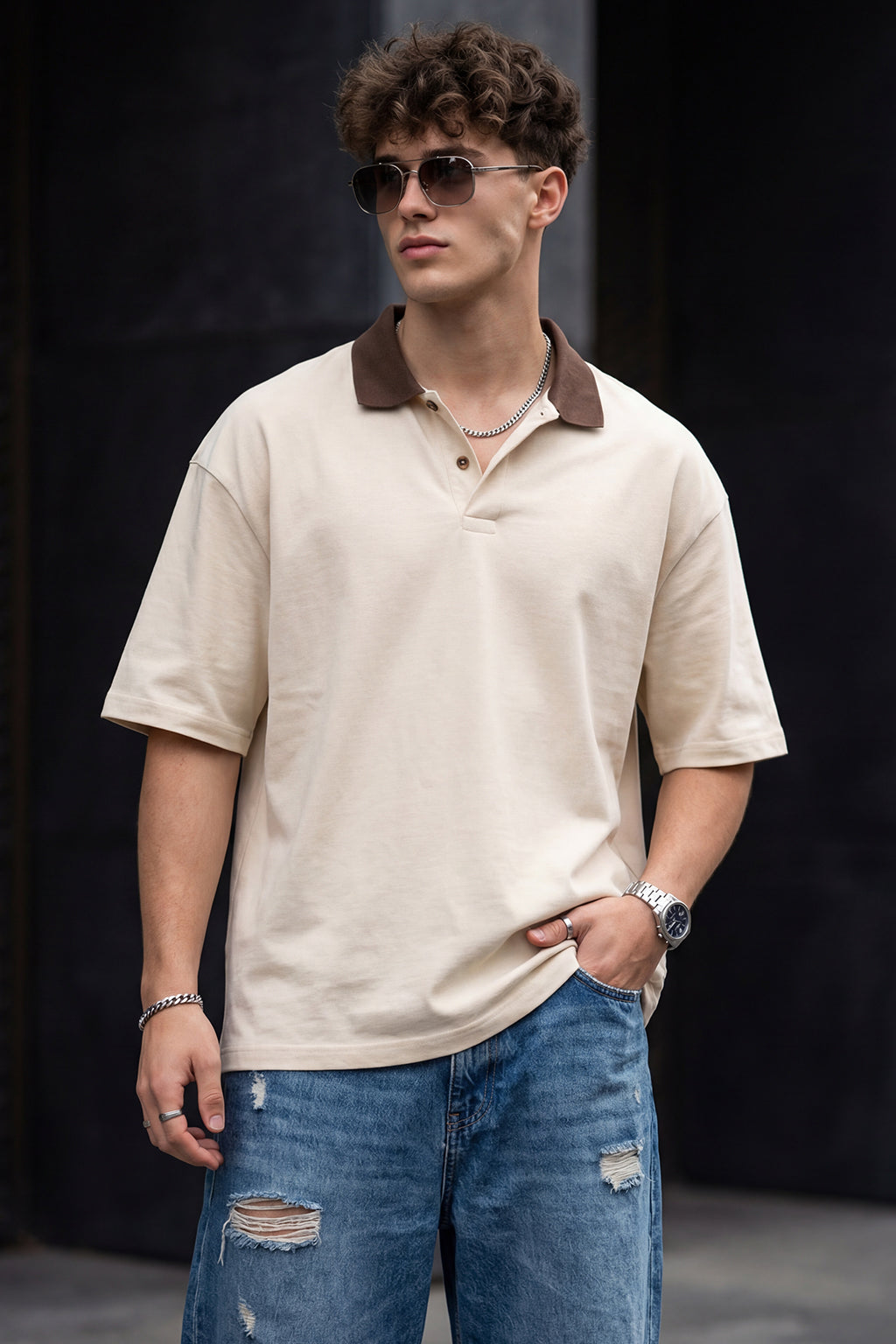 Swan White Plain Oversized Polo T-shirt