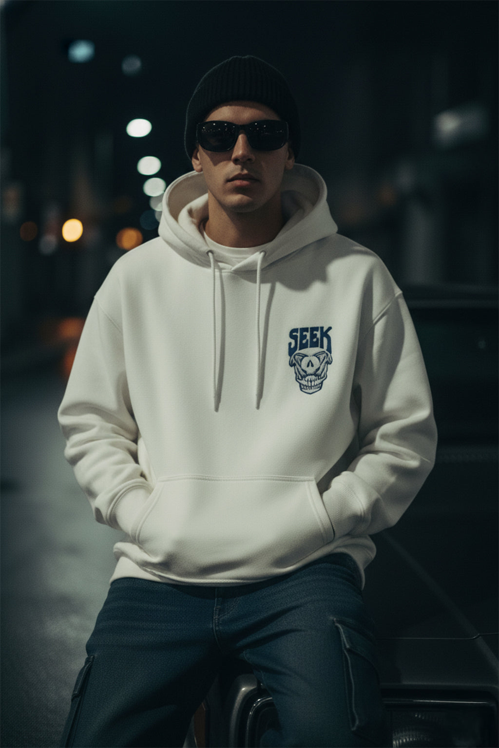 Seek Off-White Oversized Pocket Graphic Printed Hoodie