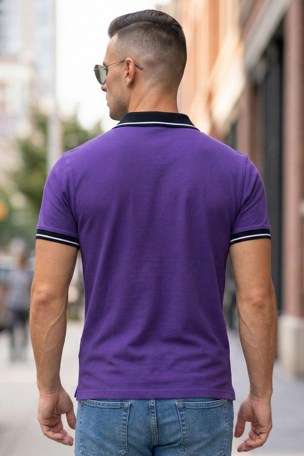 Purple Contrast Stripped Rib Collar Economic Regular Fit Pique Polo