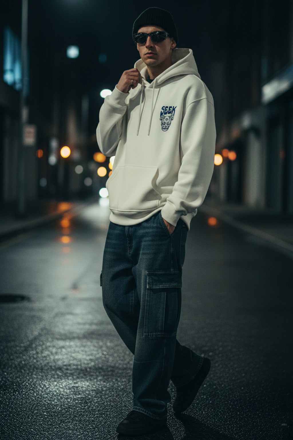 Seek Off-White Oversized Pocket Graphic Printed Hoodie