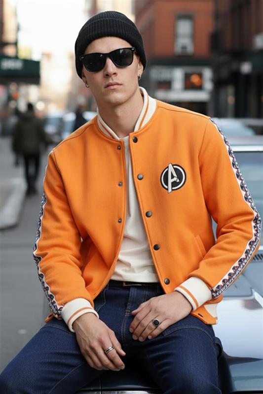 Orange Pocket Typographic Printed Varsity Jacket