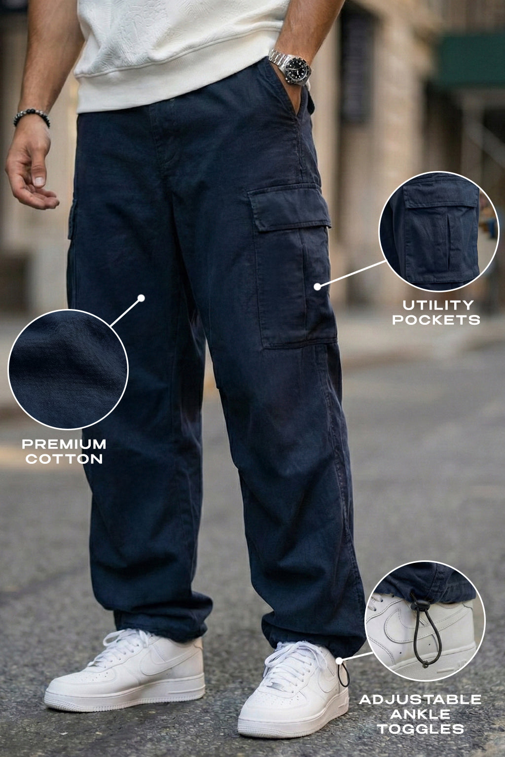 Navy 5 Pocket Woven Straight Fit Exclusive Cargo Pant With Adjustable Ankle