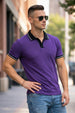 Purple Contrast Stripped Rib Collar Economic Regular Fit Pique Polo