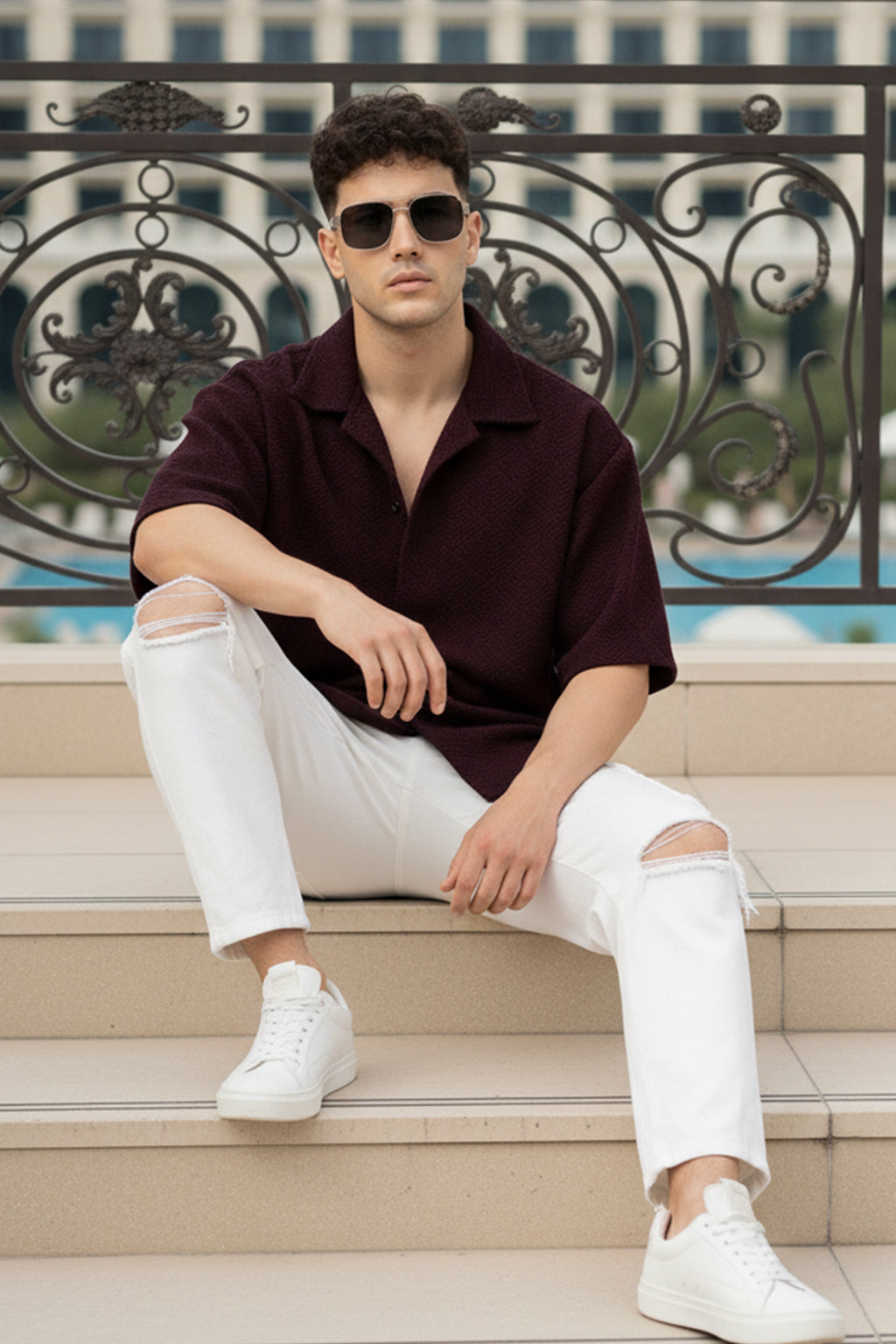 Wine Jacquard Plain Oversized Exclusive Shirt