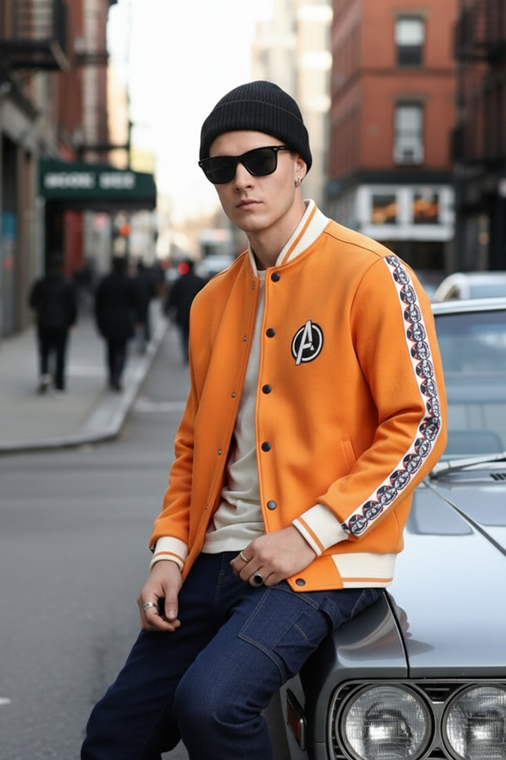 Orange Pocket Typographic Printed Varsity Jacket