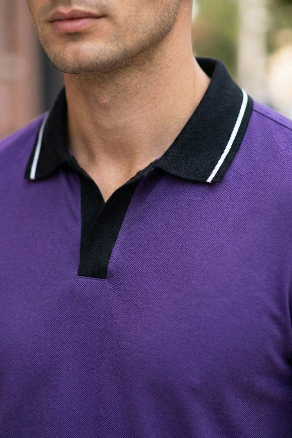 Purple Contrast Stripped Rib Collar Economic Regular Fit Pique Polo