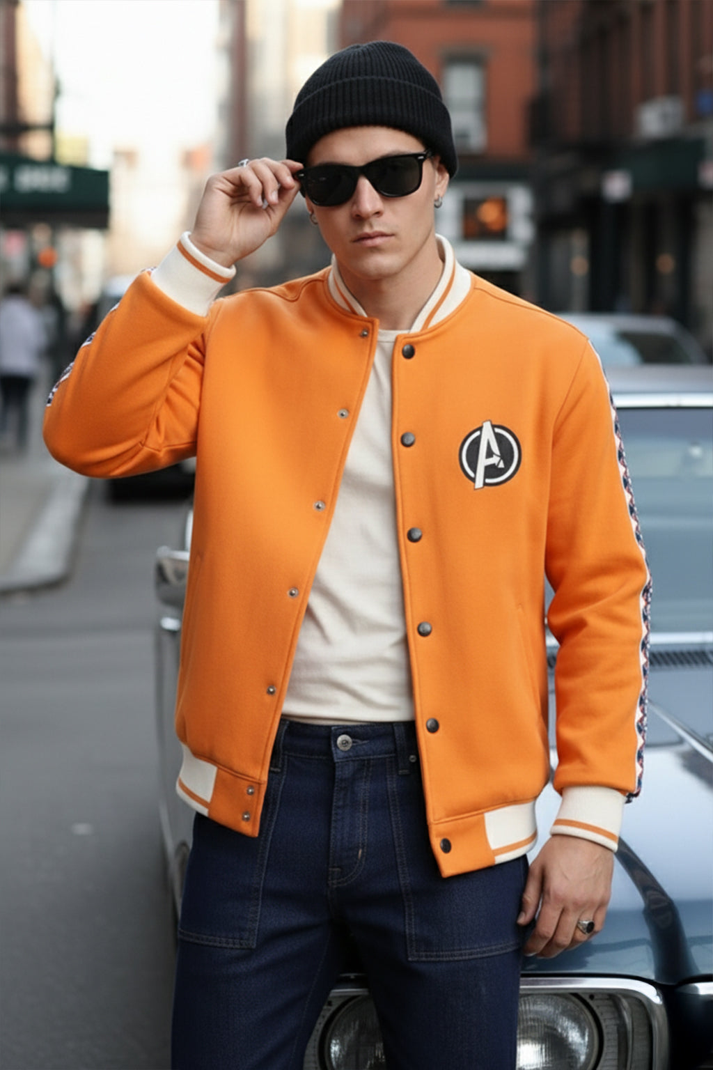 Orange Pocket Typographic Printed Varsity Jacket