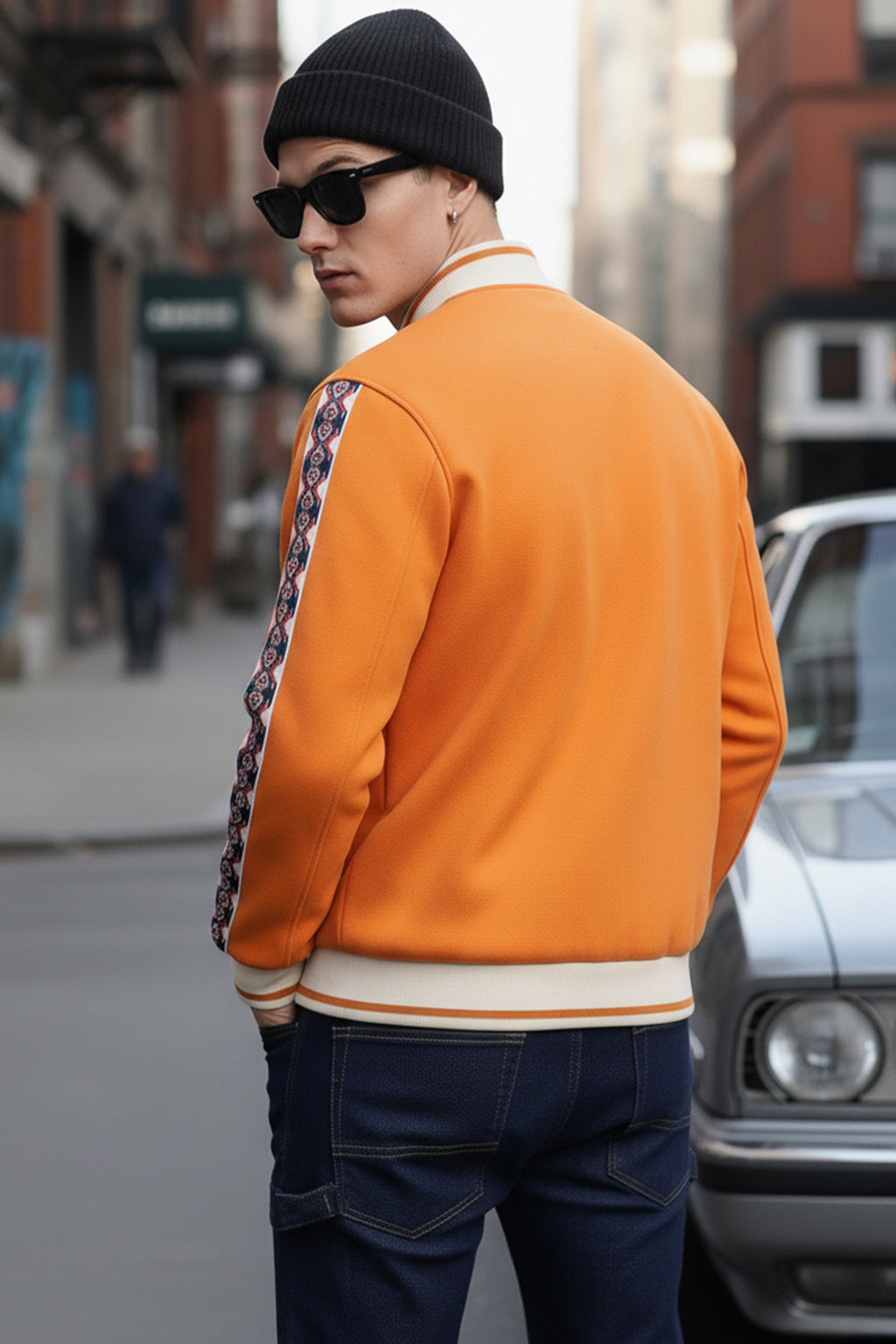Orange Pocket Typographic Printed Varsity Jacket