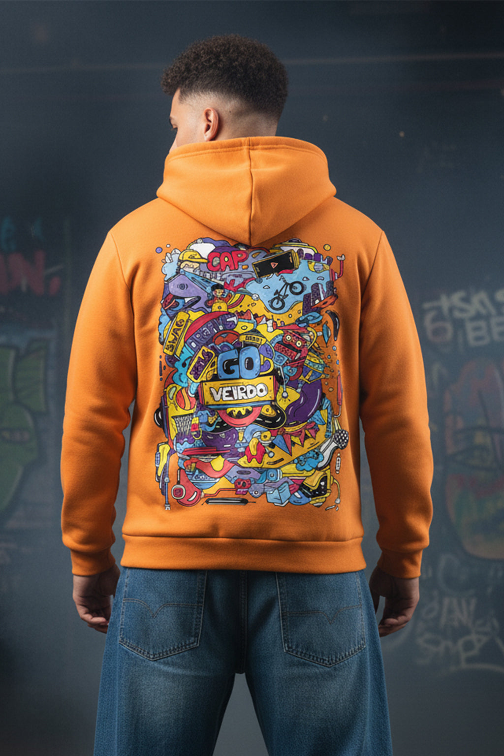 Doodle Orange Back Printed Regular Fit Hoodie