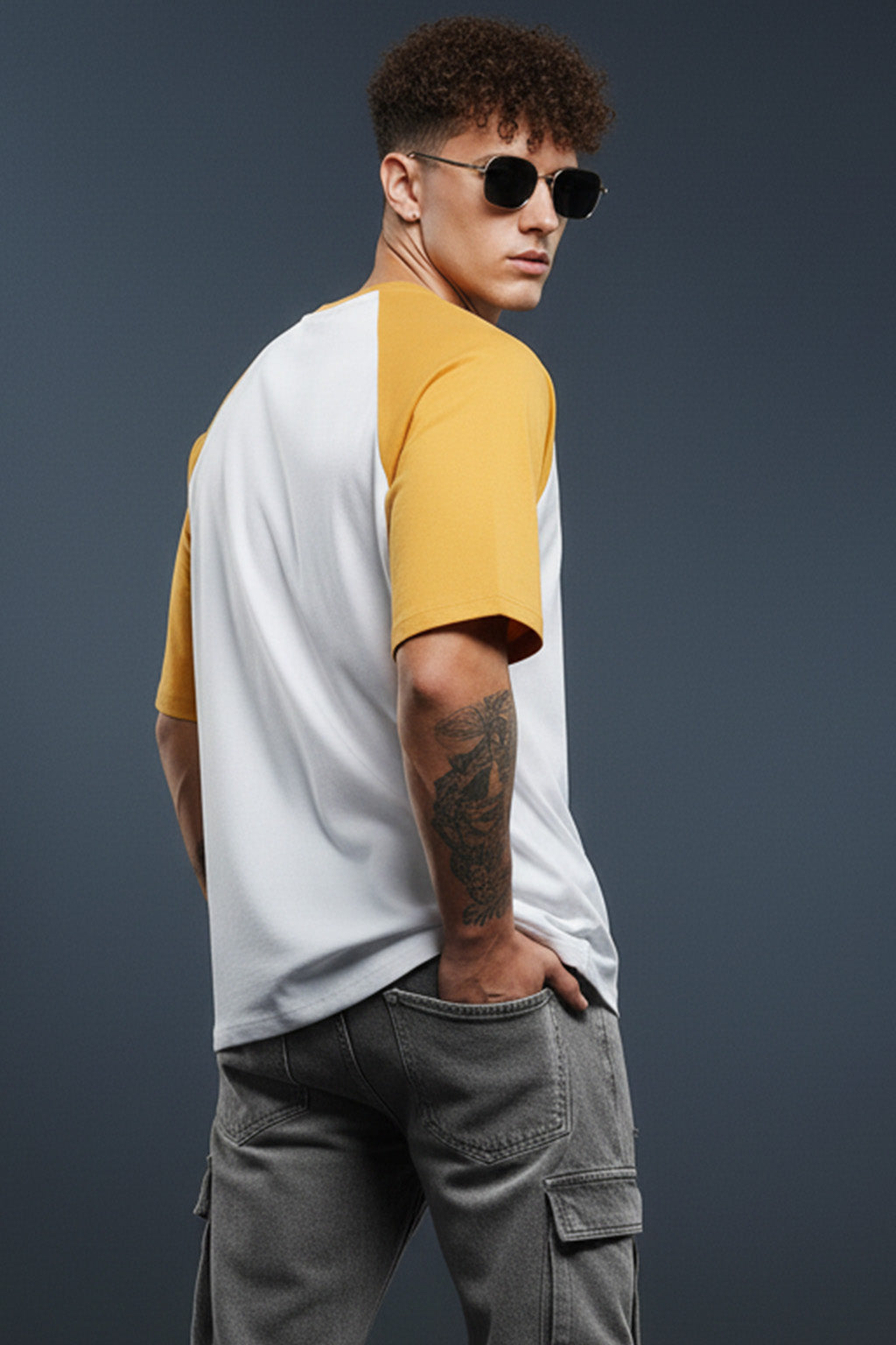 White-Yellow Raglan Oversized Typography Printed T-shirt