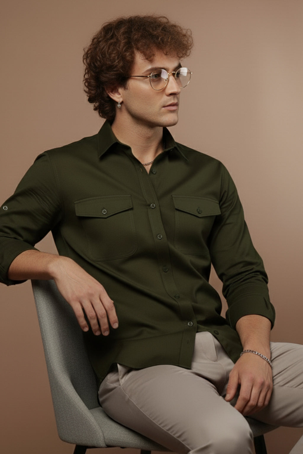Green Plain Relaxed Fit Full Sleeve Dual Pocket Utility Exclusive Shirt