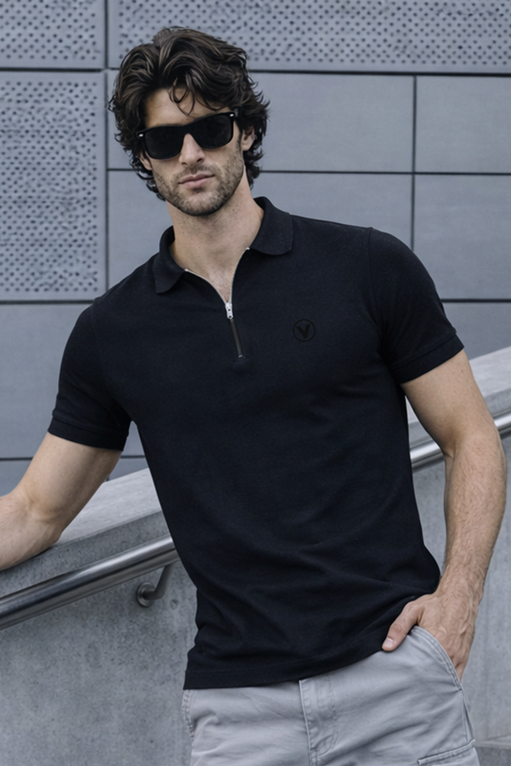 Black Interlock Plain Regular Fit Zipper Polo T-shirt