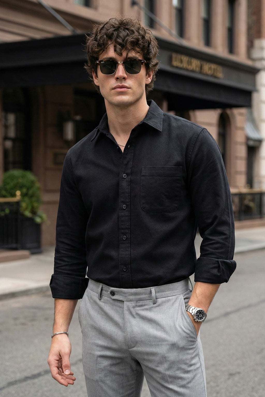 Black Plain Regular Fit Single Pocket Full Sleeve Exclusive Shirt