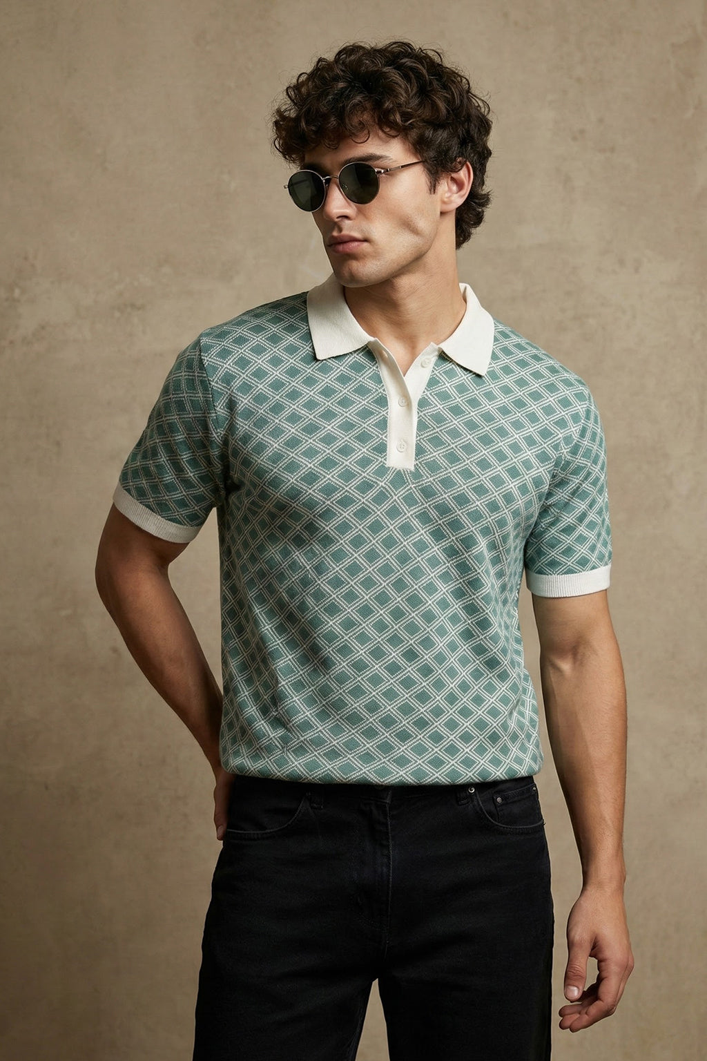 Blue Flatknit Textured Loose Fit Exclusive Polo T-Shirt