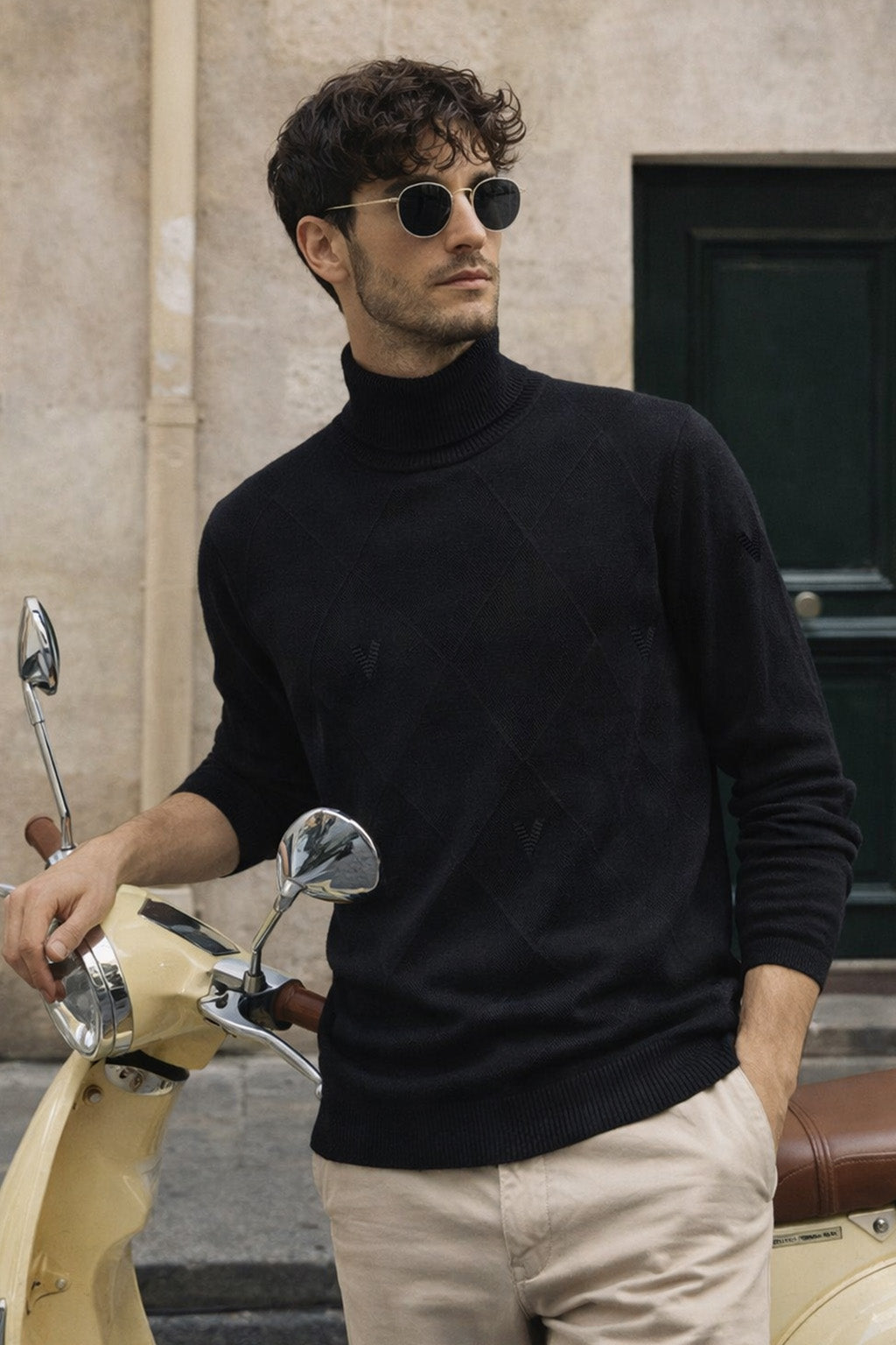 Black High Neck Flatknit Textured Regular FIt Sweatshirt