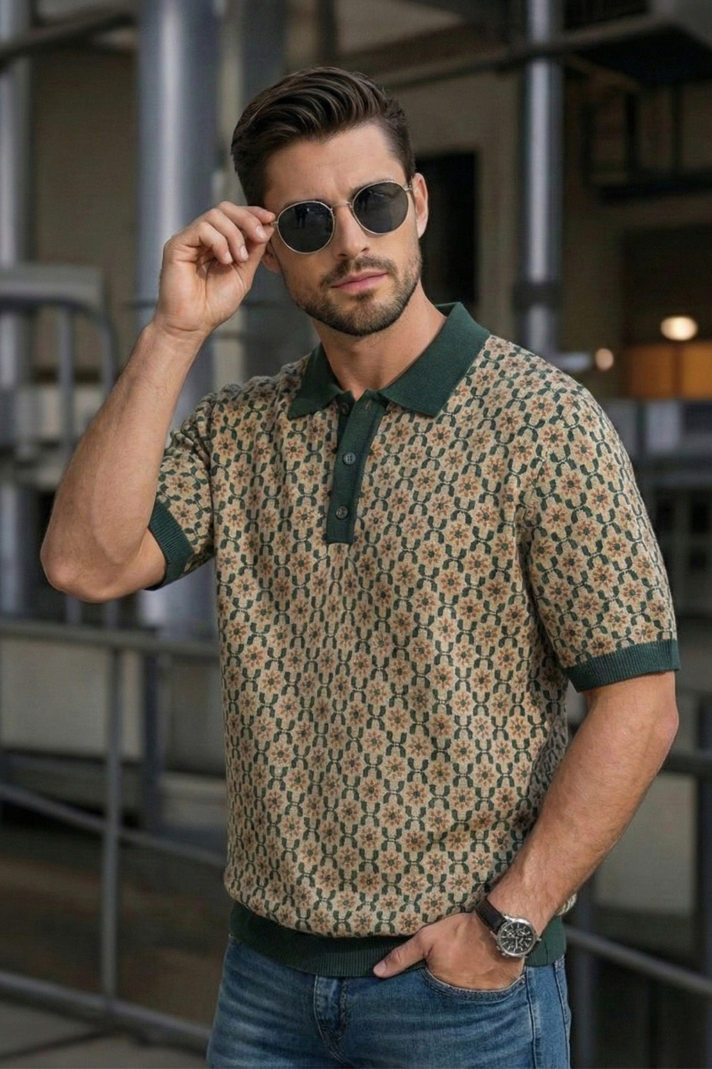 Milano Mosaic Green Flatknit Textured Loose Fit Exclusive Polo T-Shirt