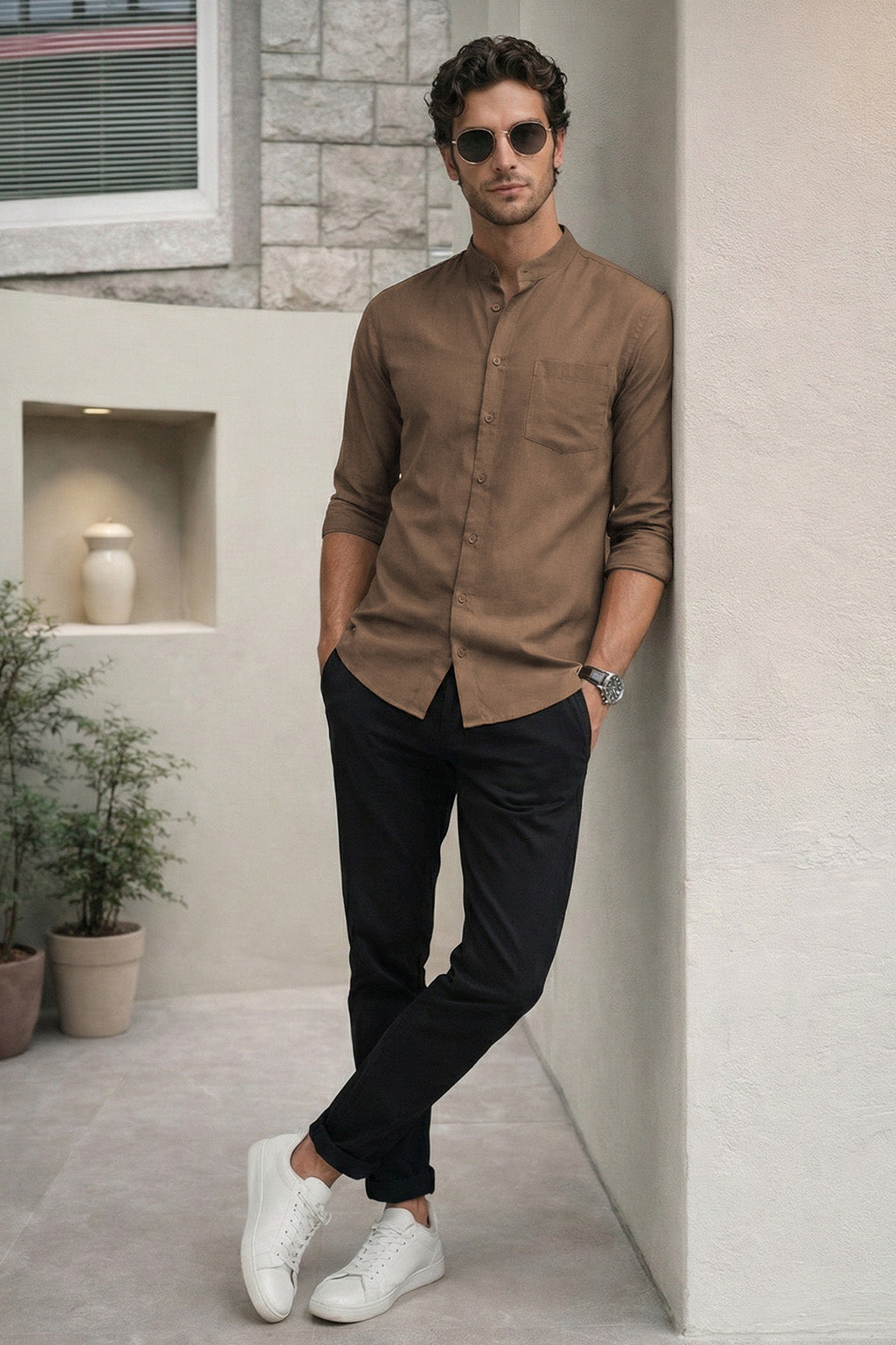 Brown Plain Regular Fit Chinese Collar Full Sleeve Exclusive Shirt