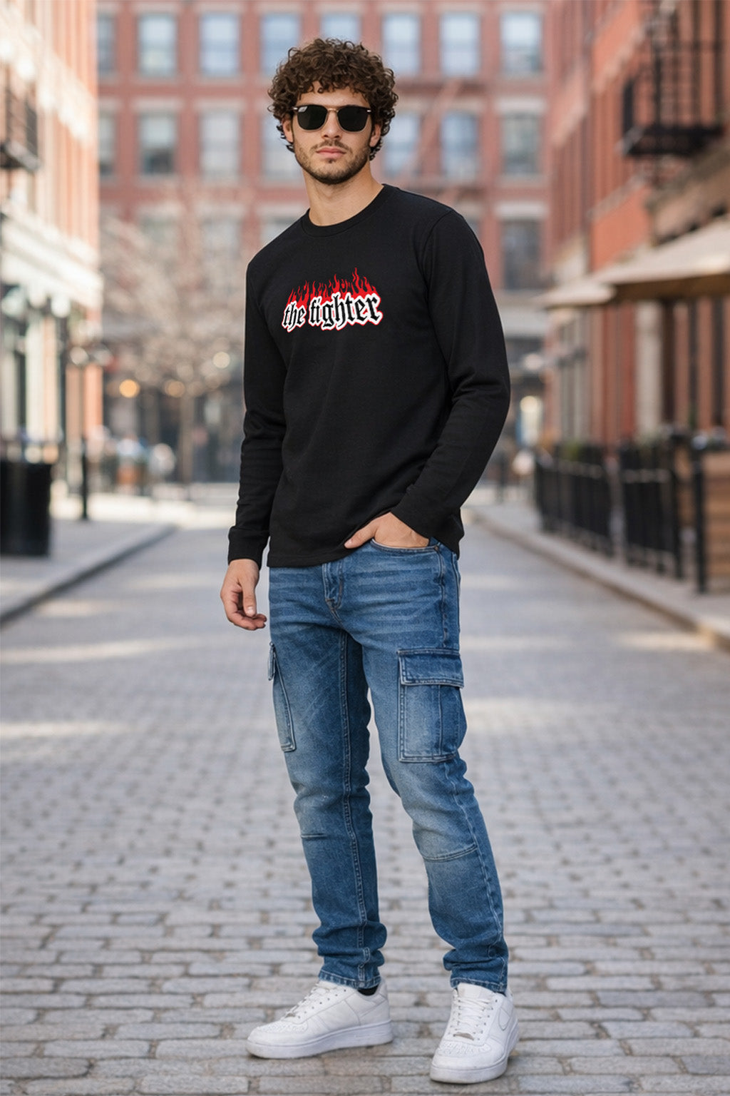 Fighter Black Full Sleeves Regular Fit Printed T-shirt