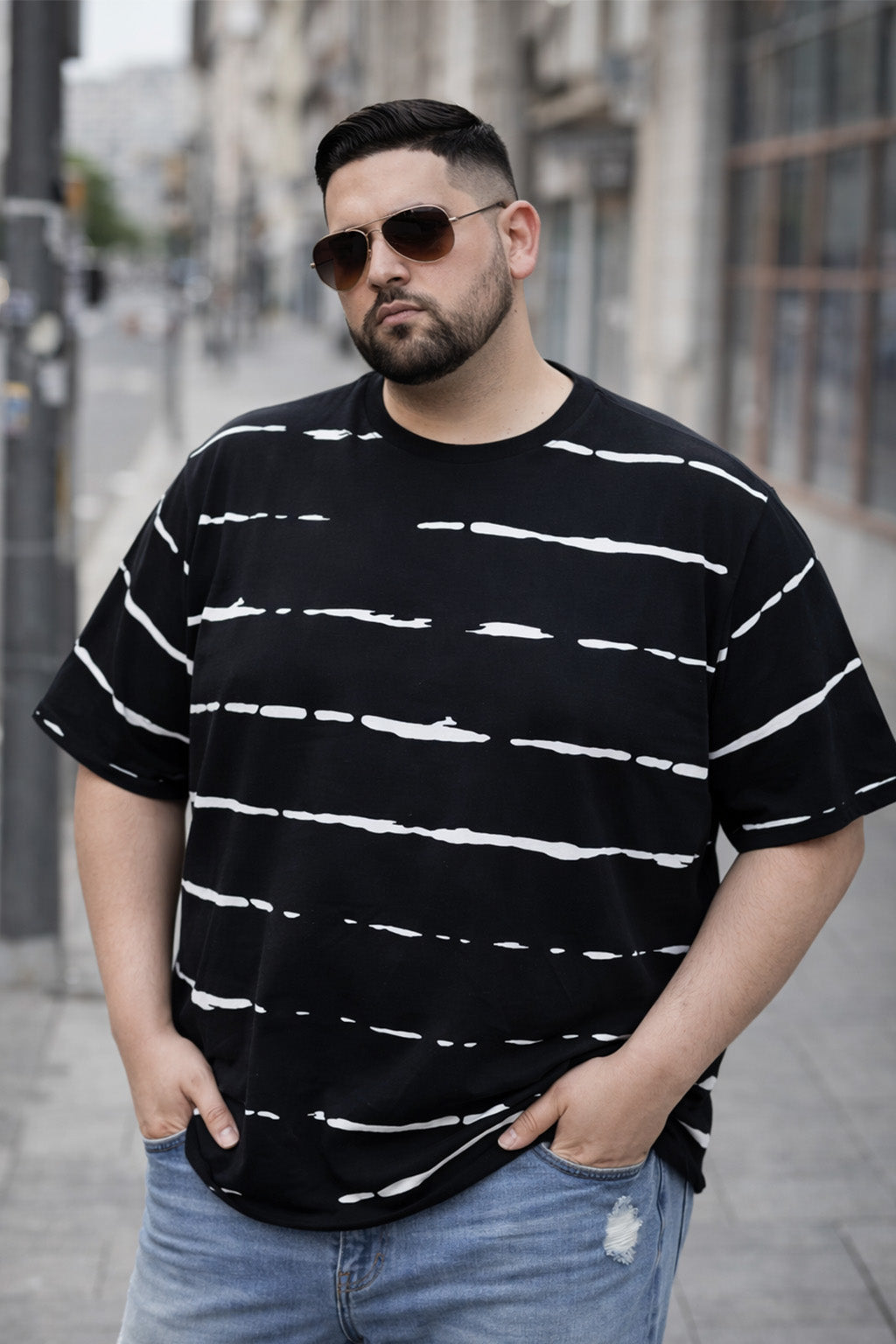 Midnight Shadow Line Stripe Black Plus Size T-shirt