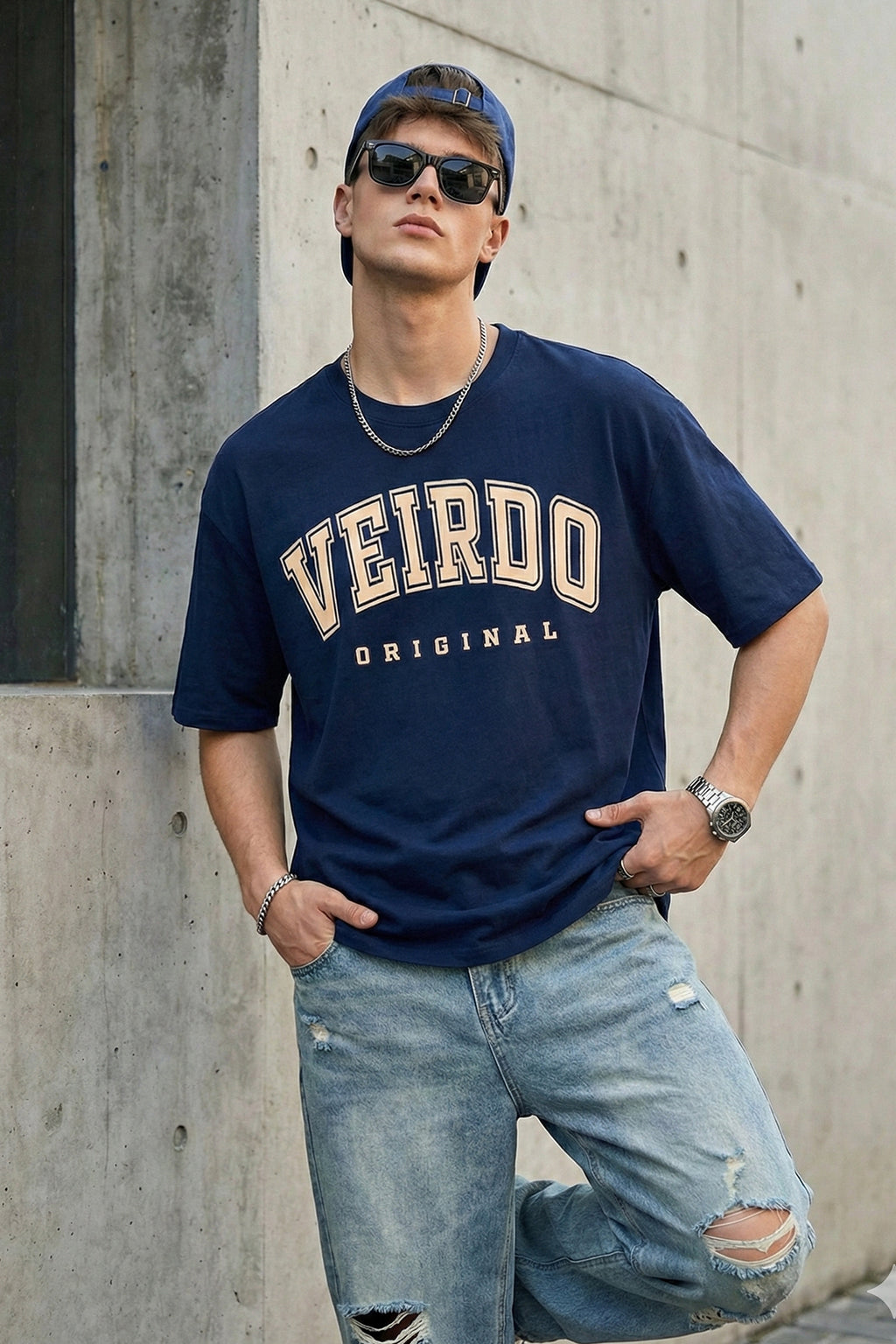 Veirdo Original Navy Oversized Typography Brand Printed T-shirt