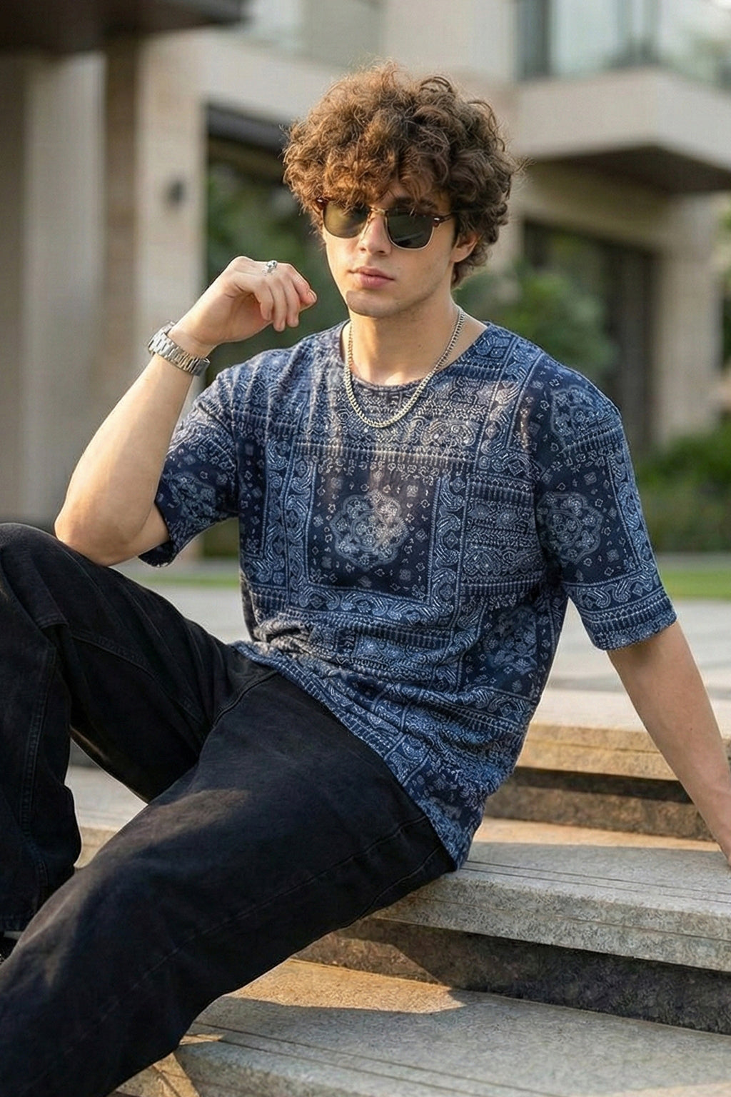 Paisley Navy Oversized All Over Printed T-shirt