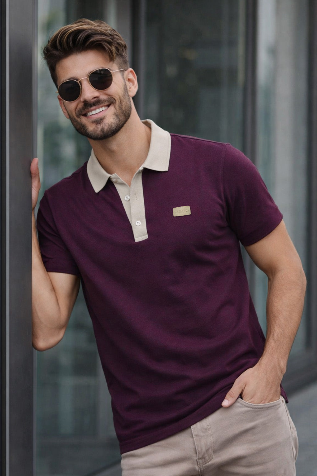 Wine Contrast Collar Economic Regular Fit Pique Polo