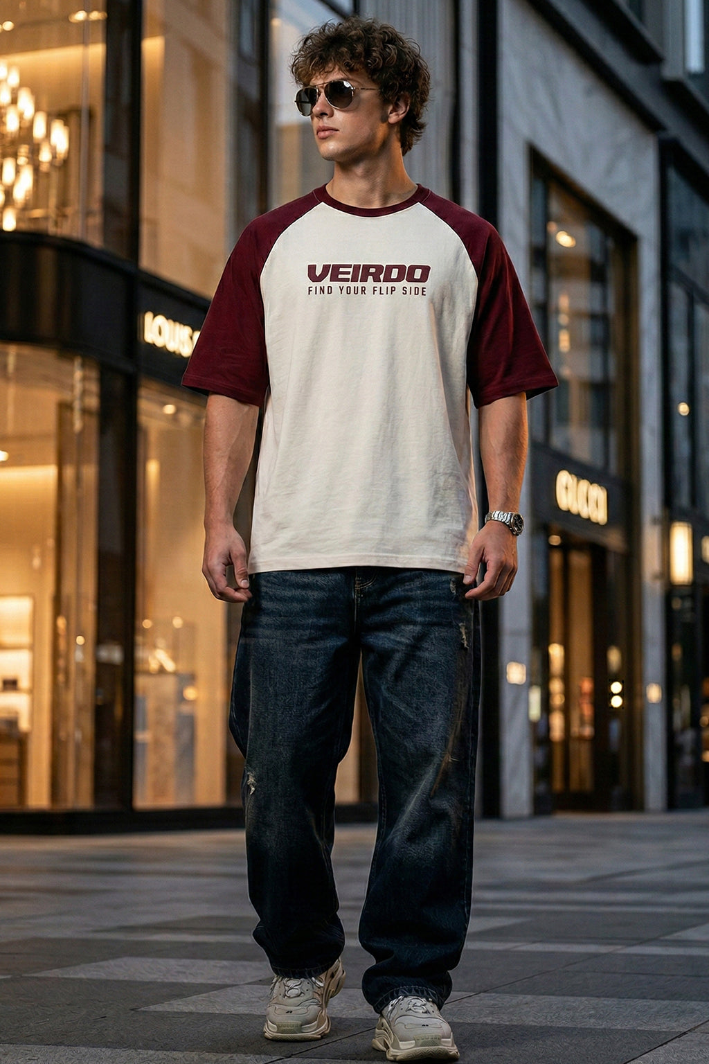 Swanwhite-Maroon Raglan Oversized Typography Printed T-shirt