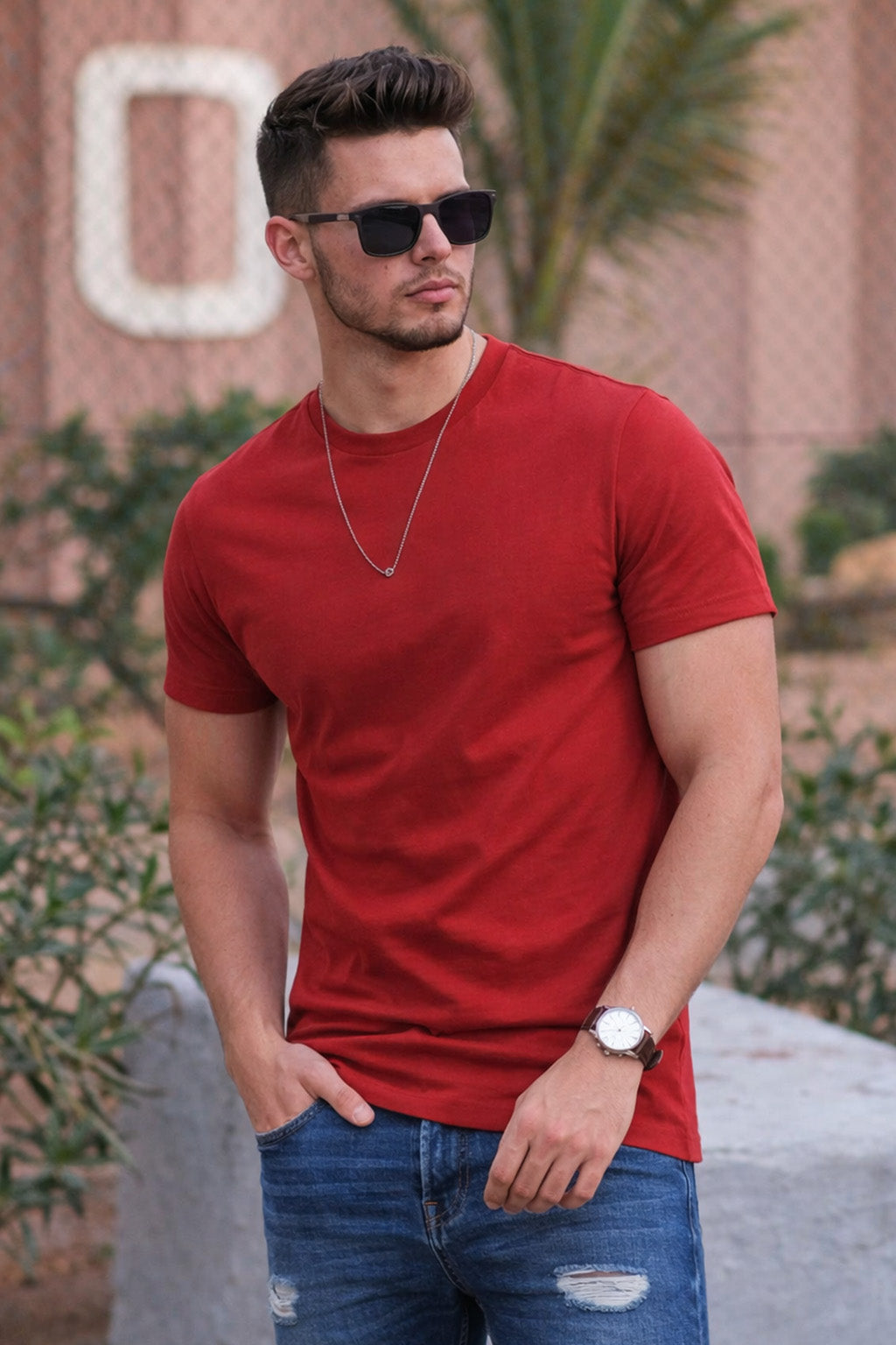 Red Plain Regular Fit T-shirt