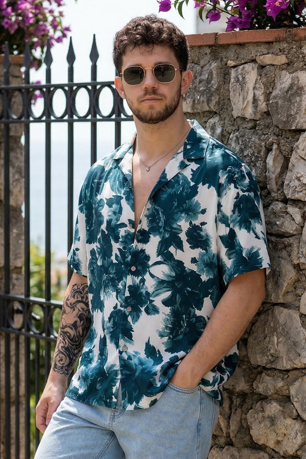Leaf Print White & Navy Oversized All Over Printed Exclusive Shirt