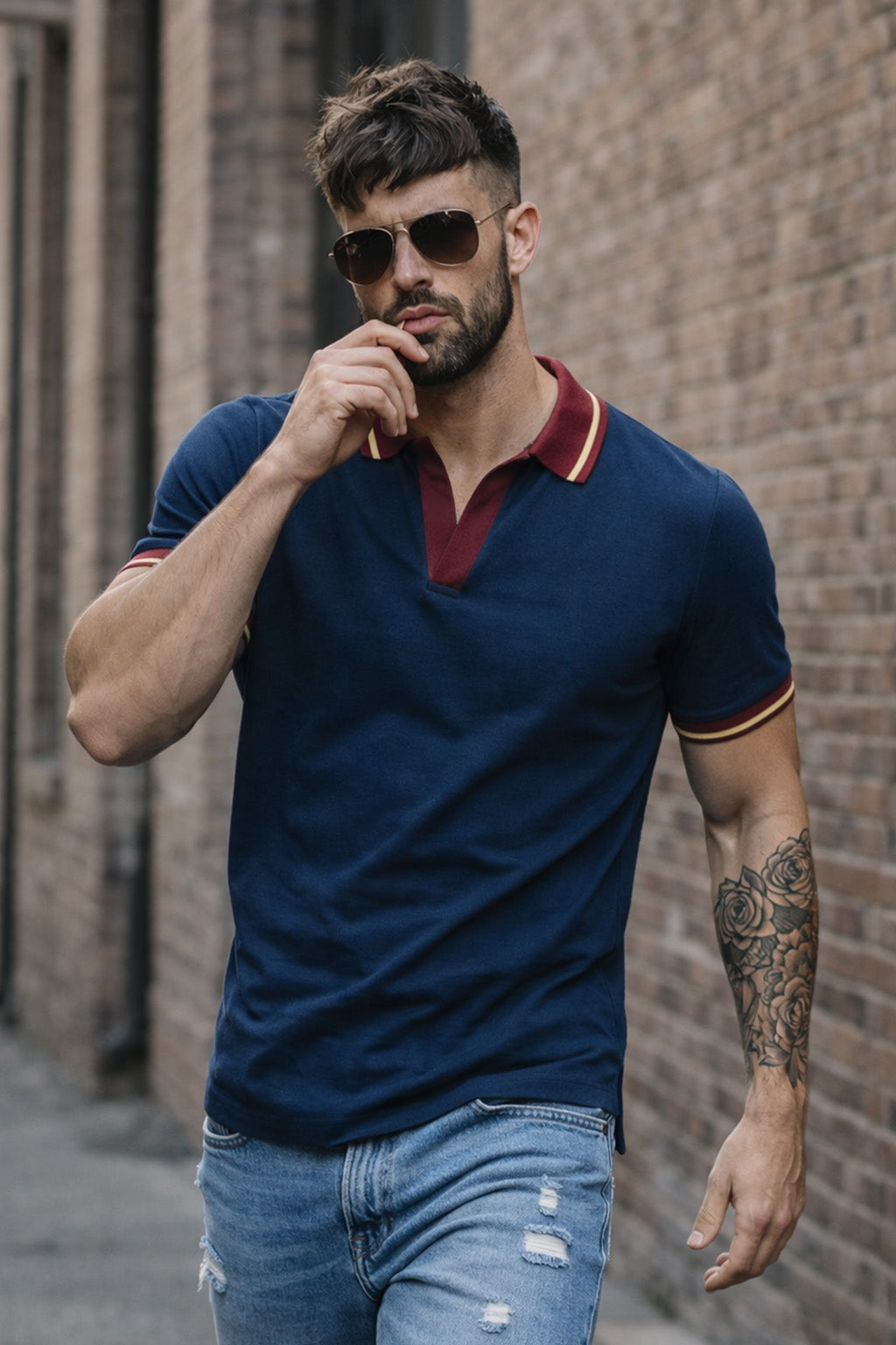 Navy Contrast Stripped Collar Economic Regular Fit Pique Polo