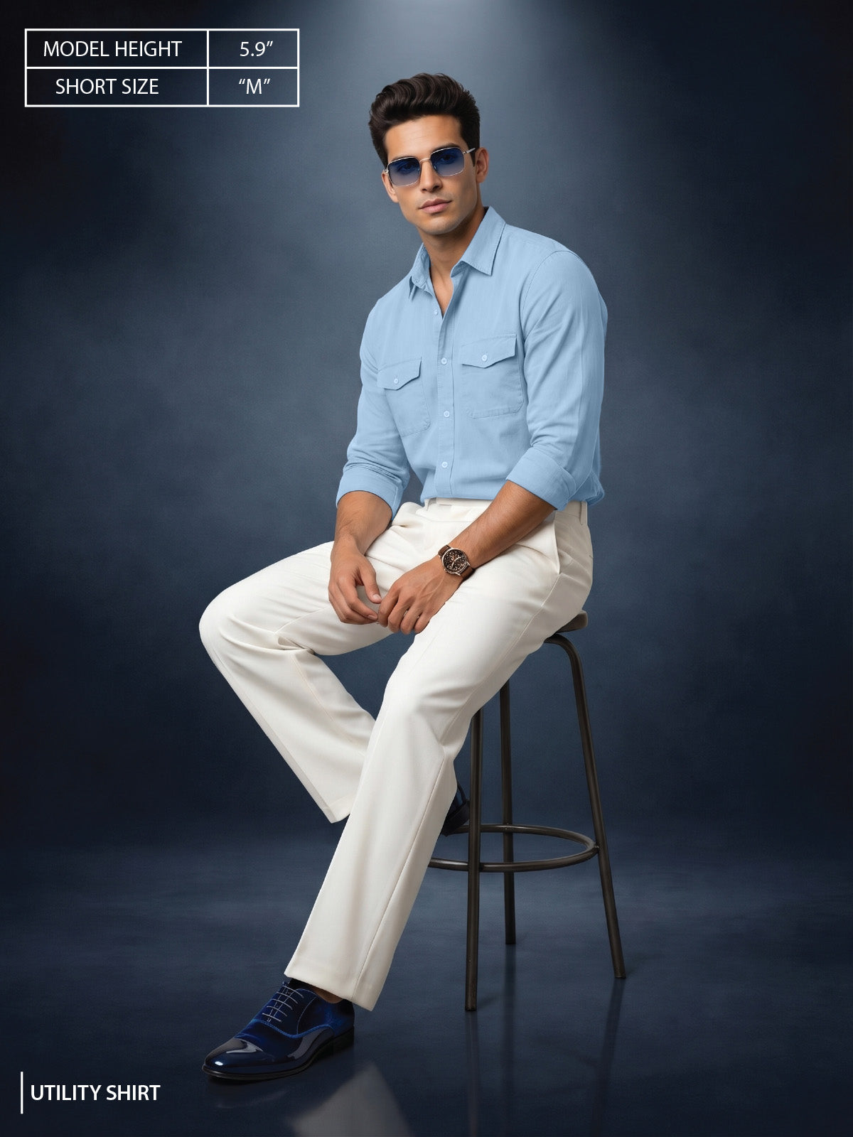 Sky Blue Plain Relaxed Fit Full Sleeve Dual Pocket Utility Exclusive Shirt