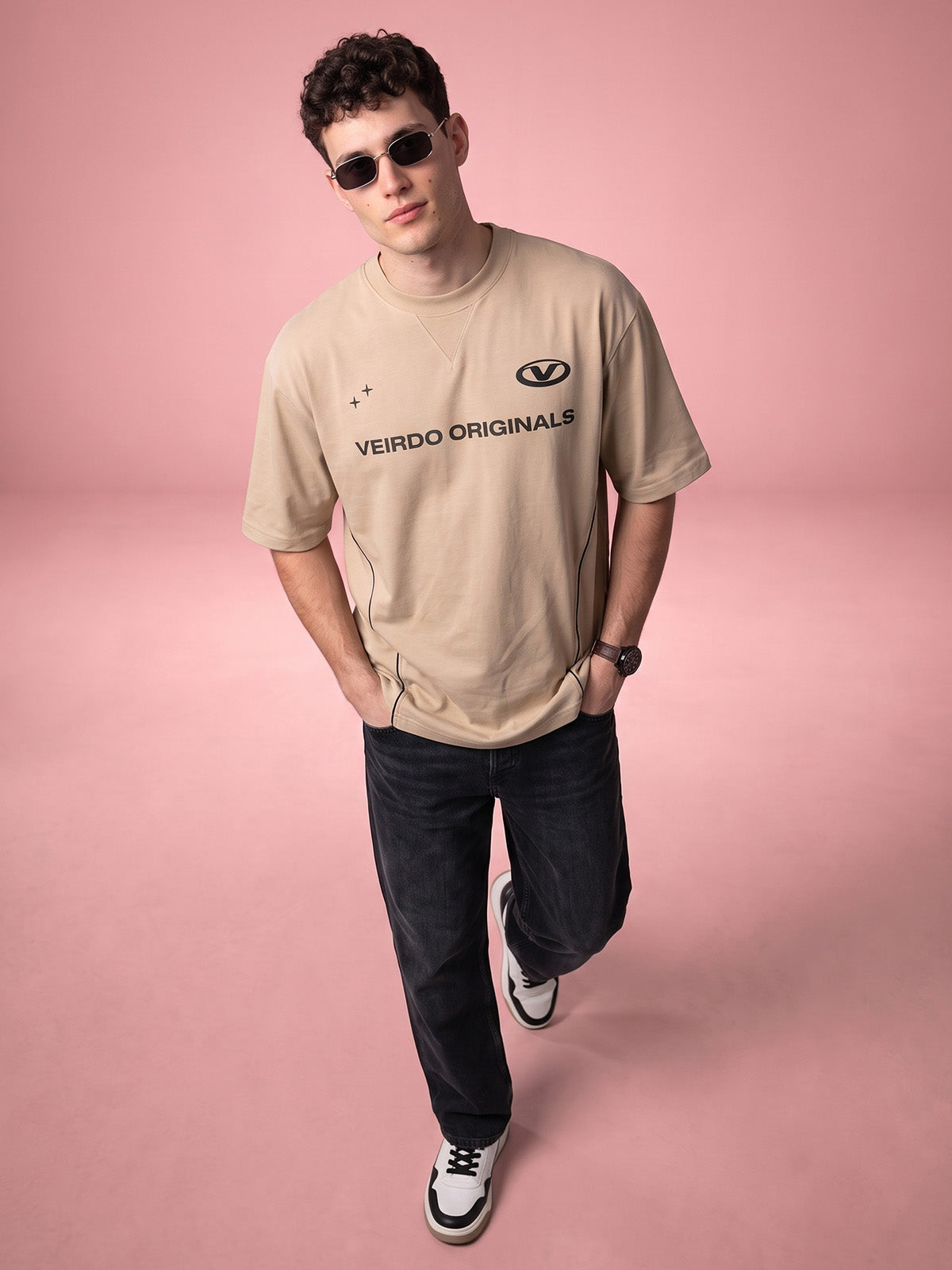 Veirdo Originals Piped Beige Oversized Graphic Printed T-shirt
