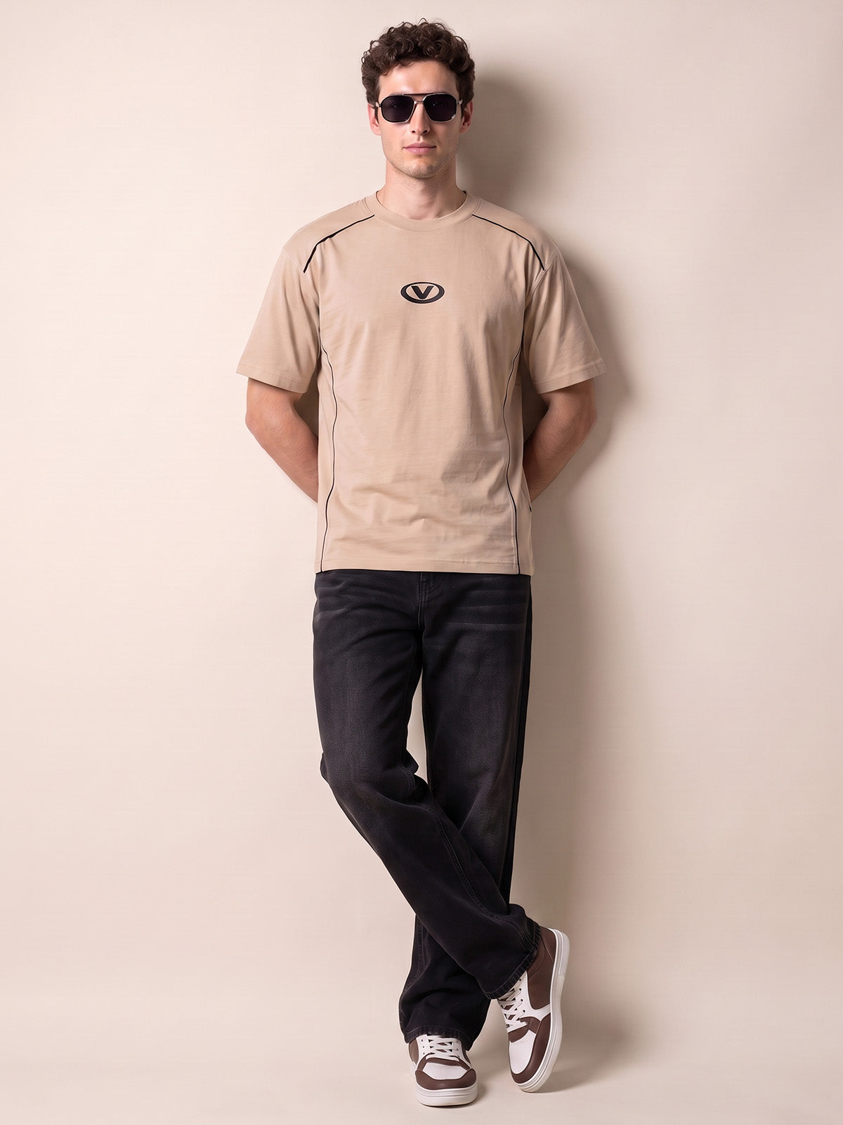 Athletic Essentials Beige Oversized Graphic Printed T-shirt