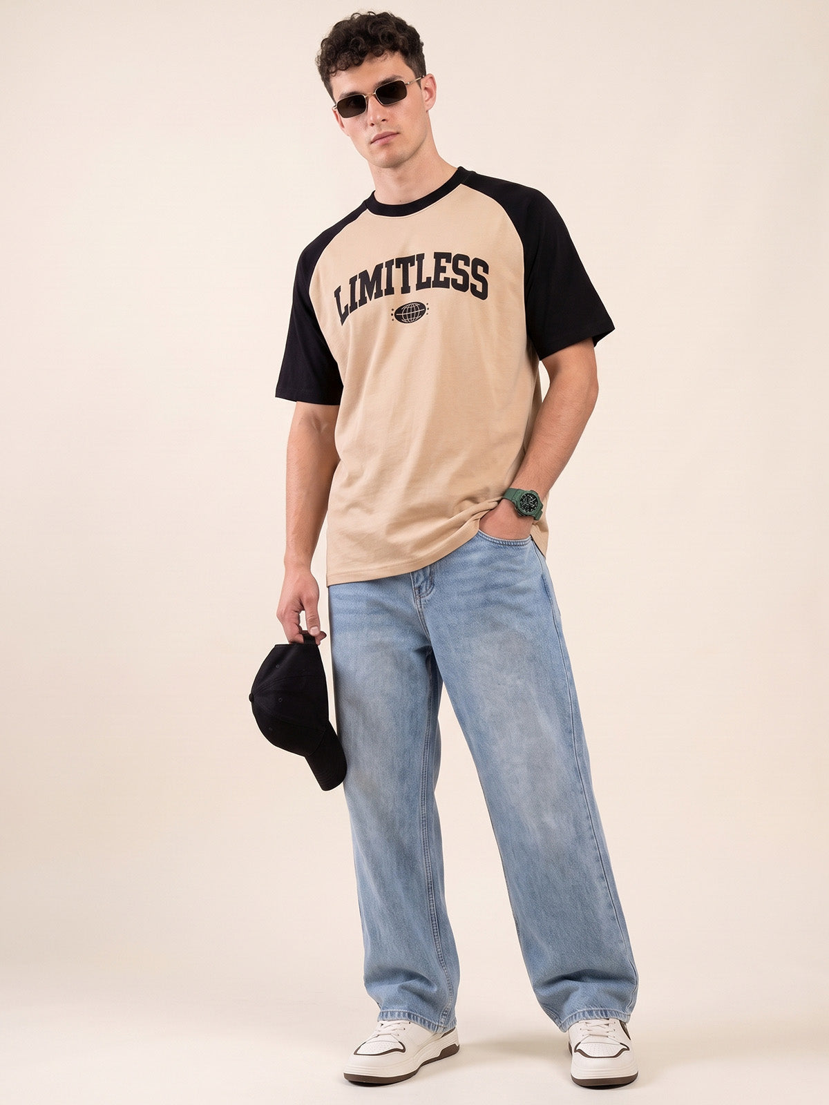 Limitless Raglan Beige Oversized Graphic Printed T-shirt