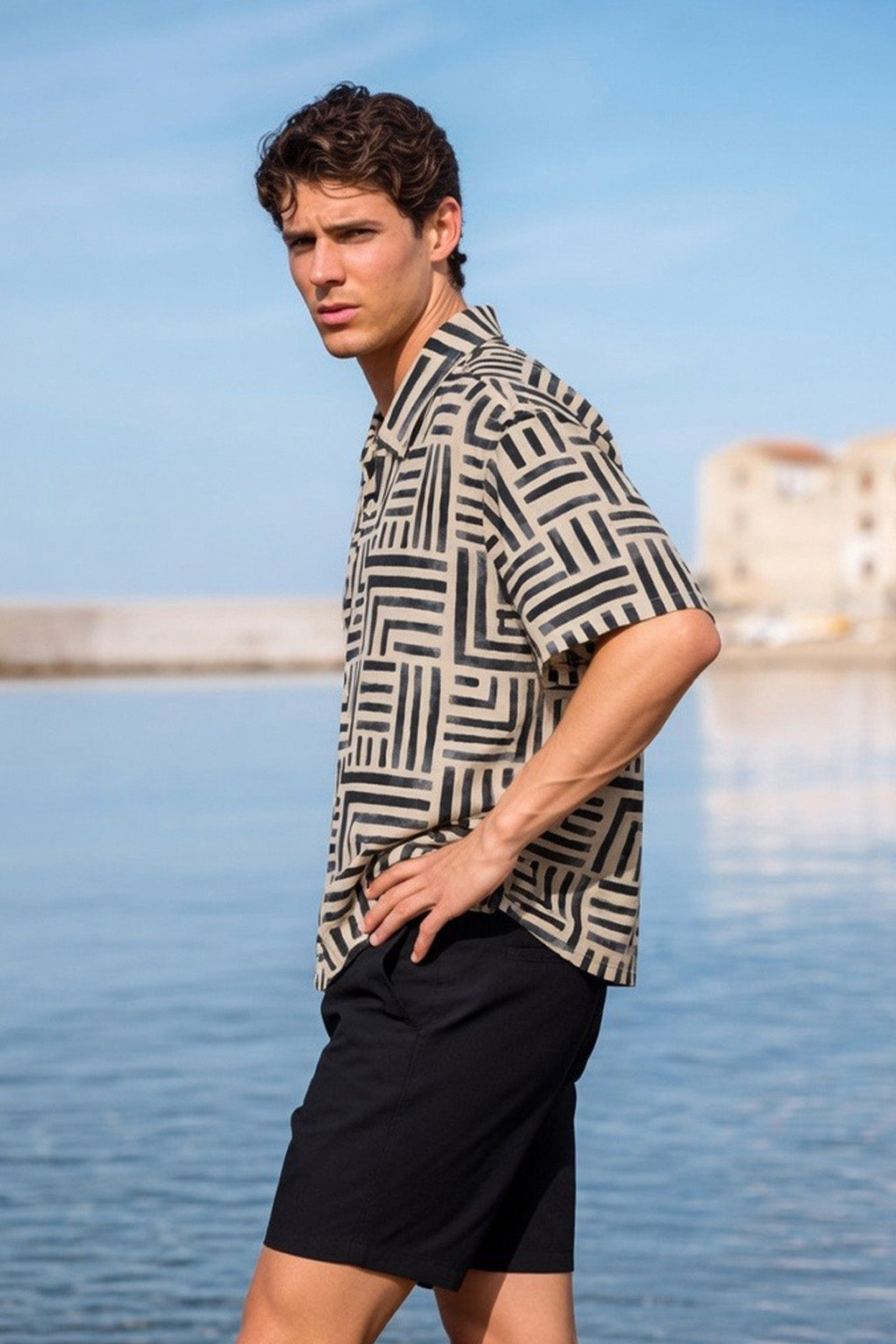 Geo Lines Beige All Over Printed Oversized Exclusive Shirt