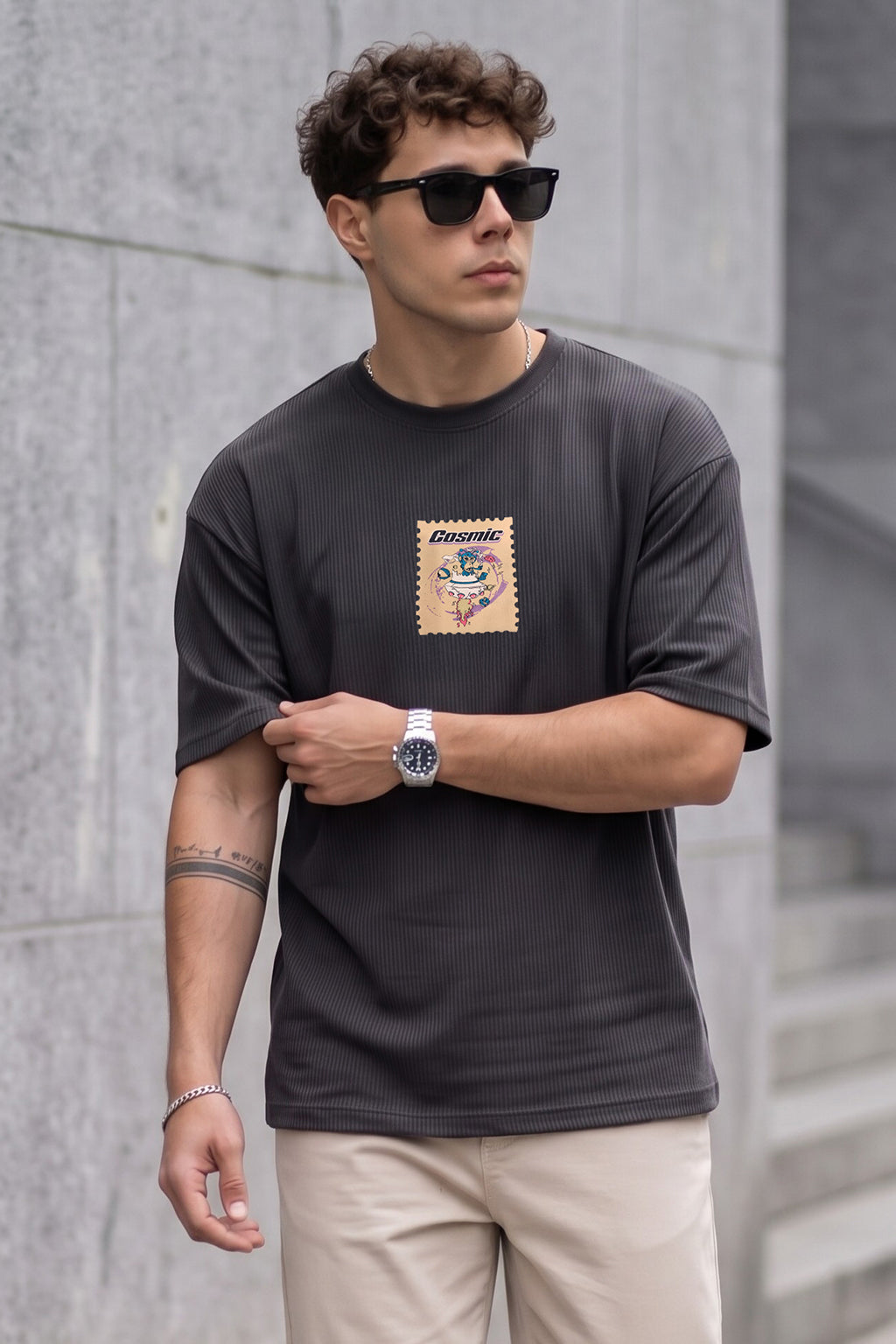 Cosmic Dark Grey Oversized Textured T-shirt