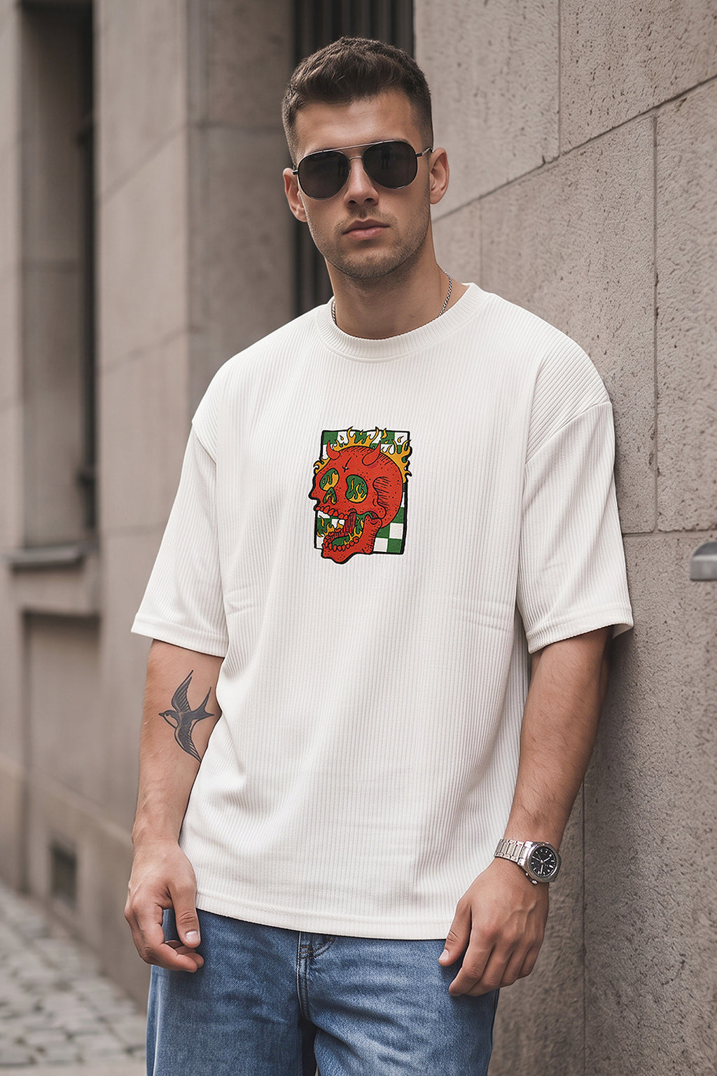 Fire Skull White Oversized Textured T-shirt