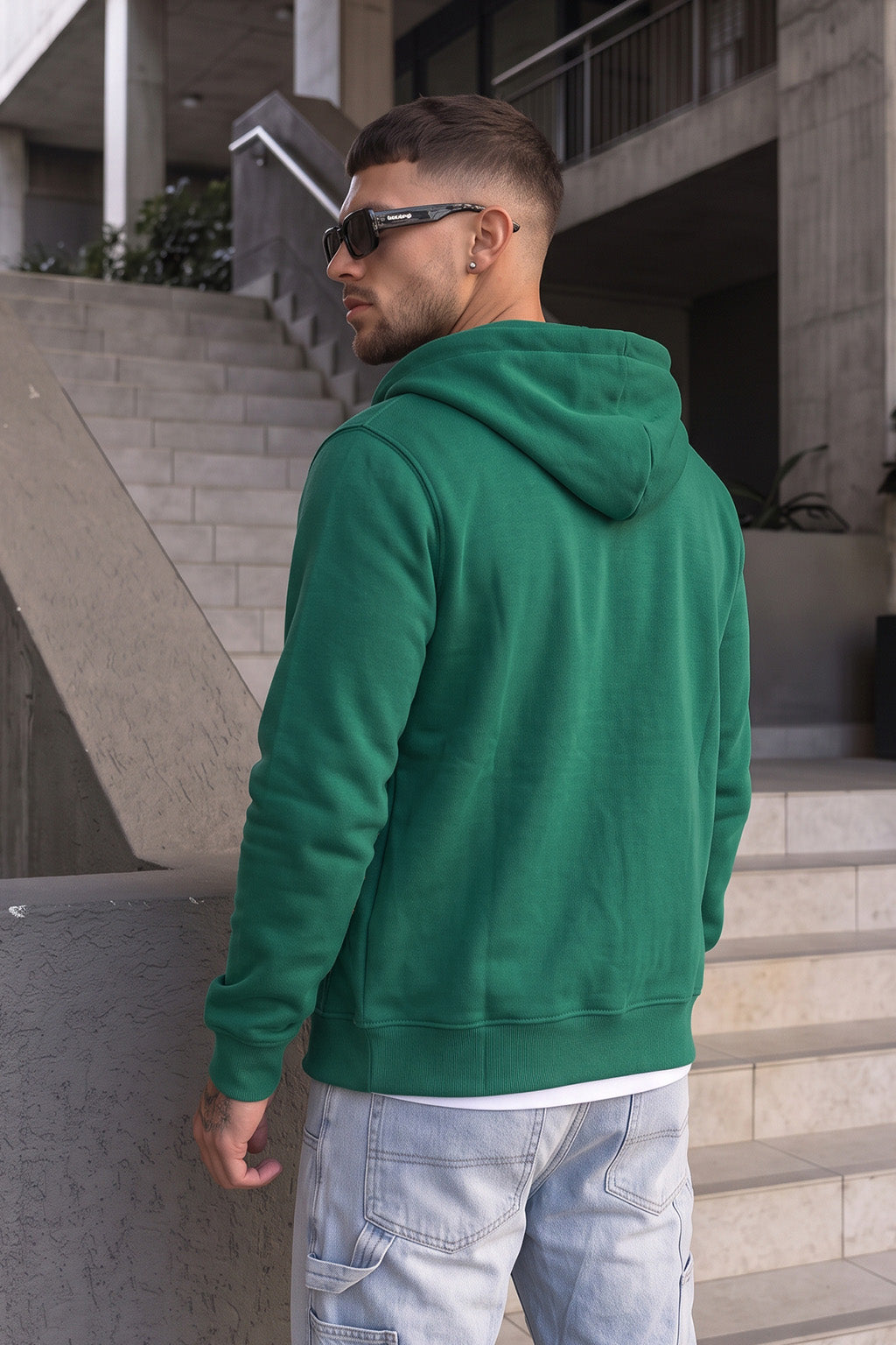 Green Ribbed Cuff Regular Fit Zip-Up Hoodie
