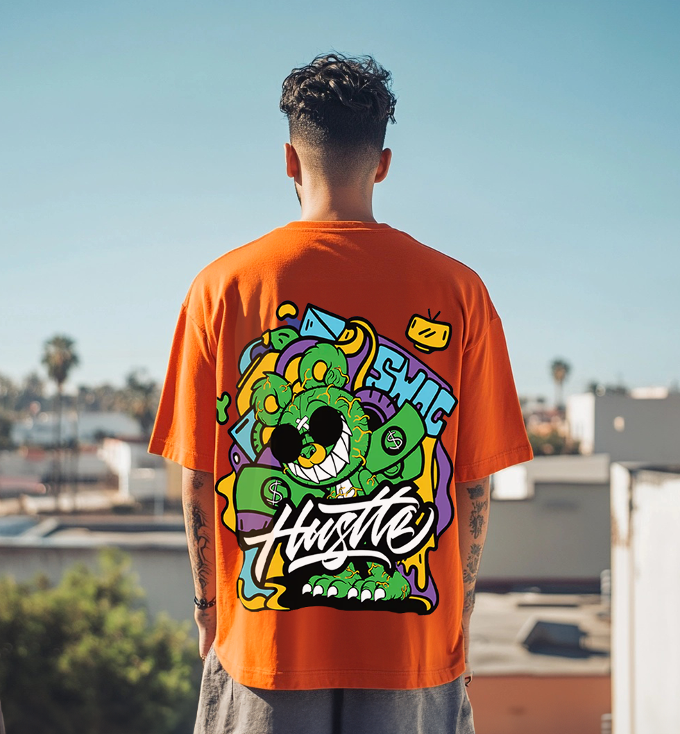 HUSTLE Orange Oversized Back Graphic Printed Tshirt