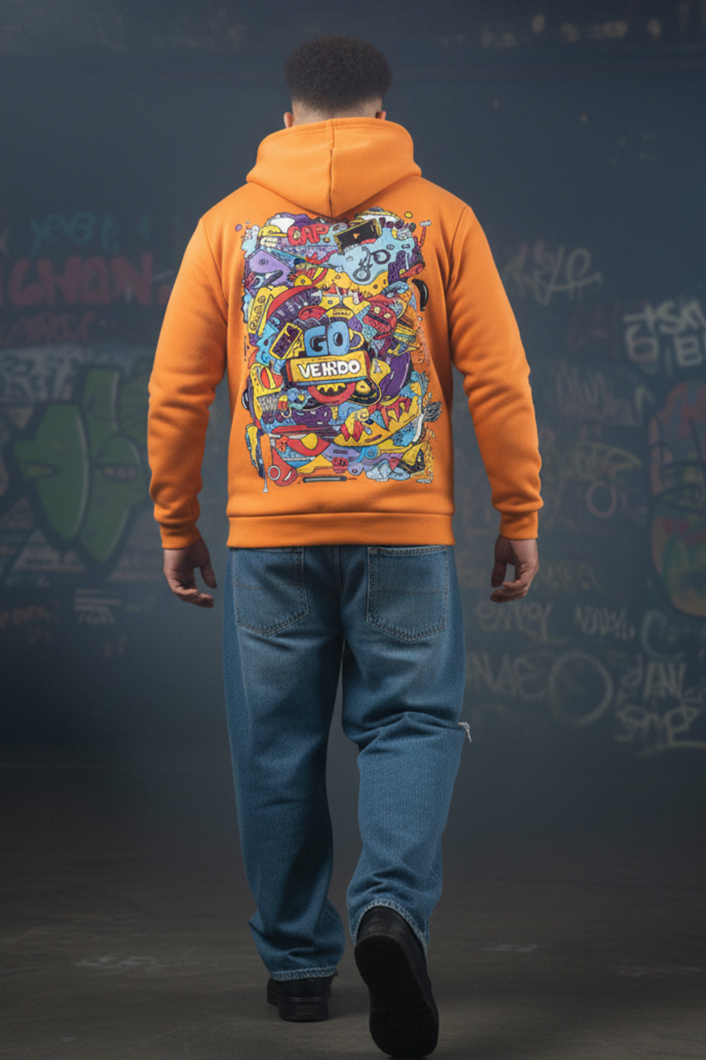 Doodle Orange Back Printed Regular Fit Hoodie