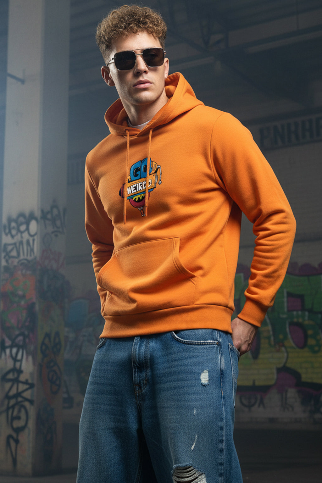 Doodle Orange Back Printed Regular Fit Hoodie