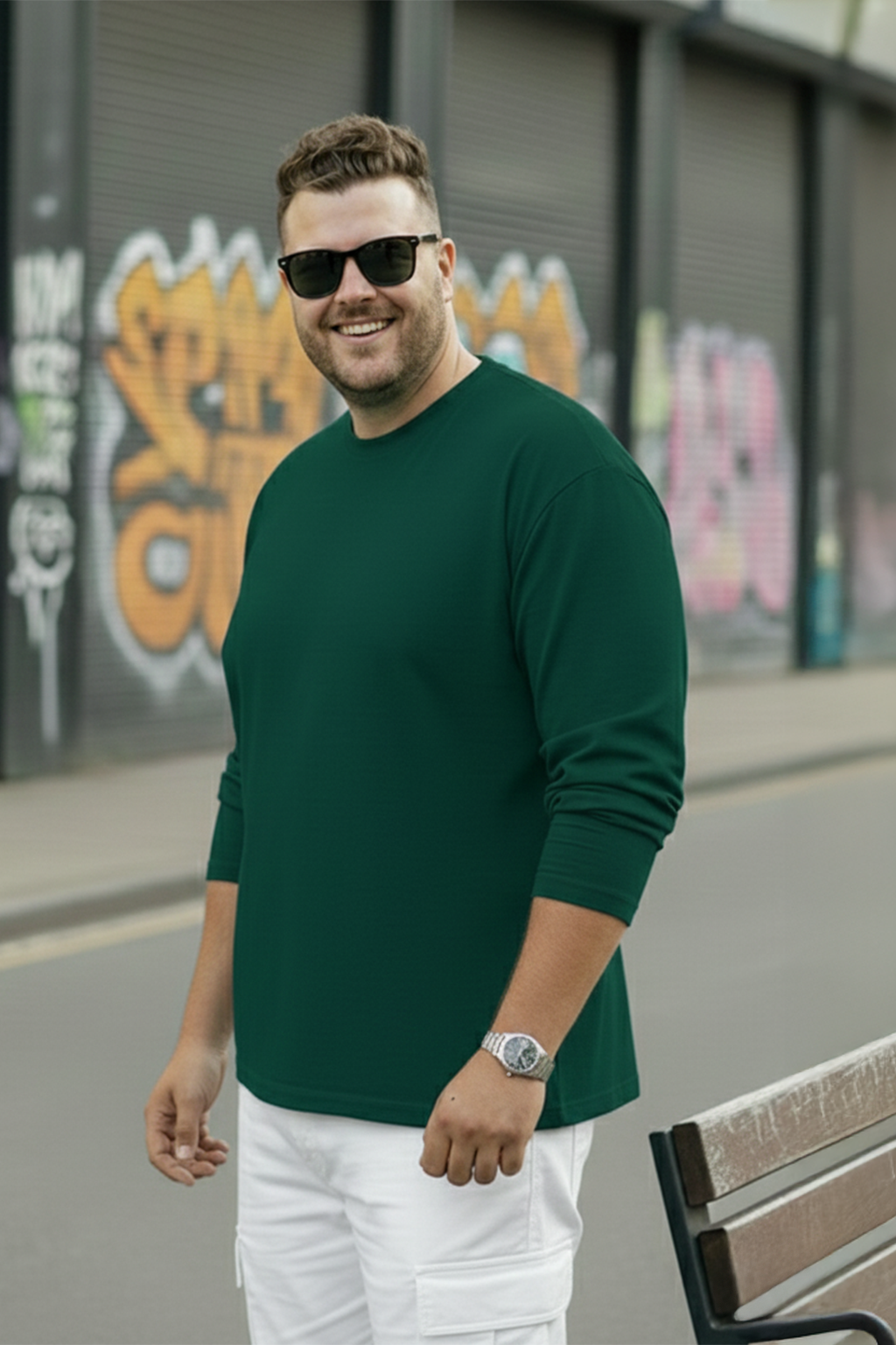 Green Plain Full Sleeve Plus Size T-shirt