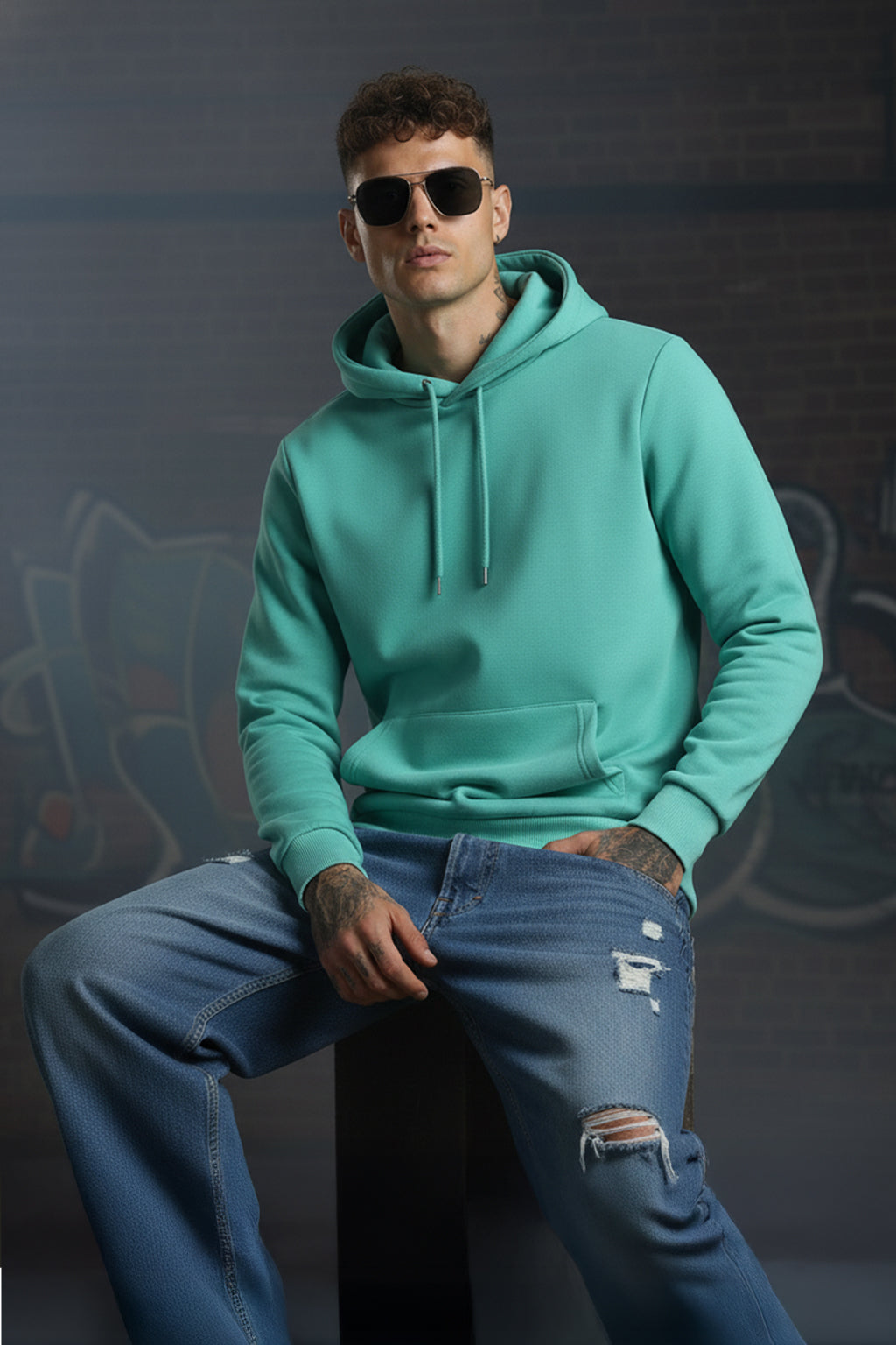Green Plain Regular Hoodie