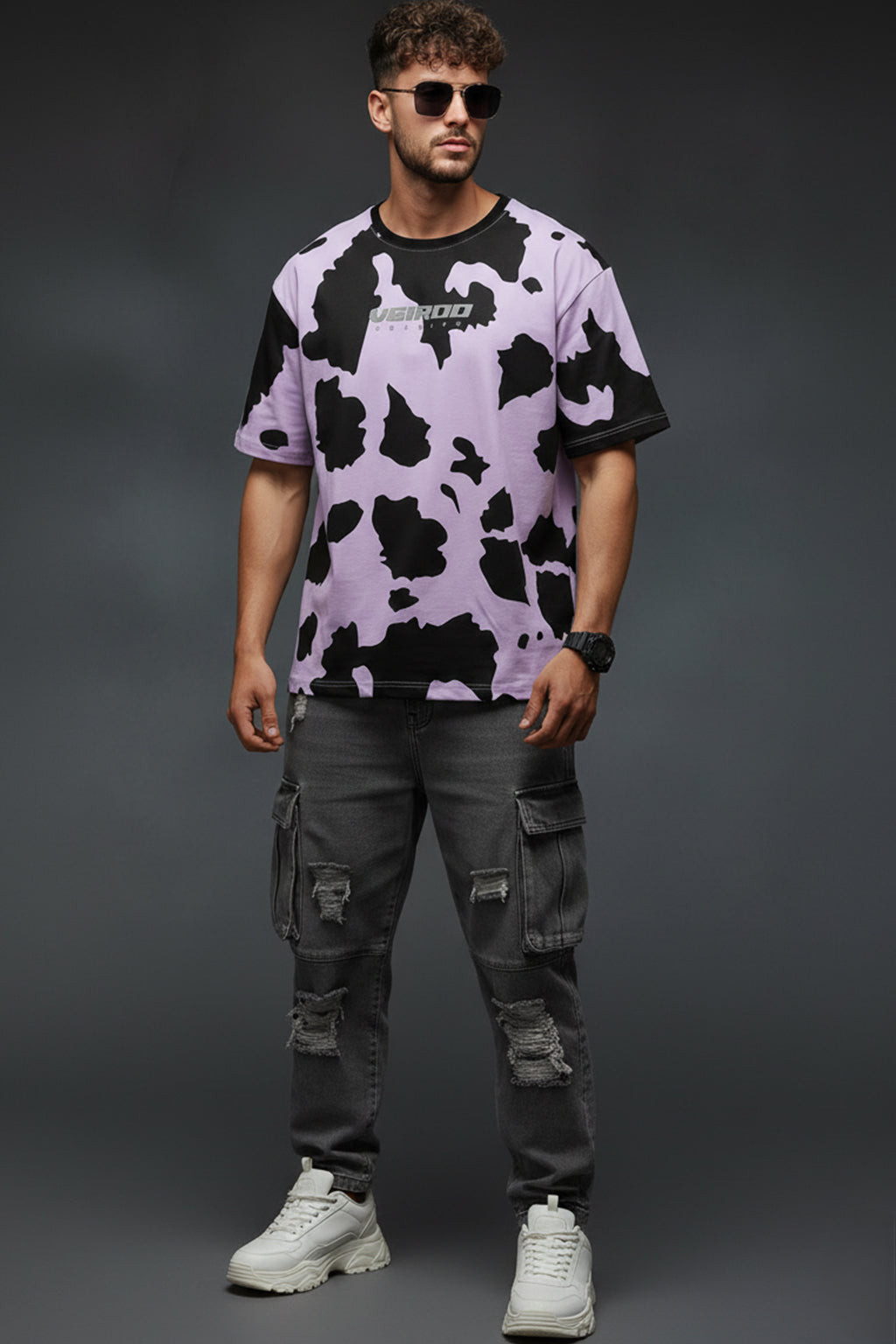 Cow Lilac Oversized All Over Animal Printed T-shirt