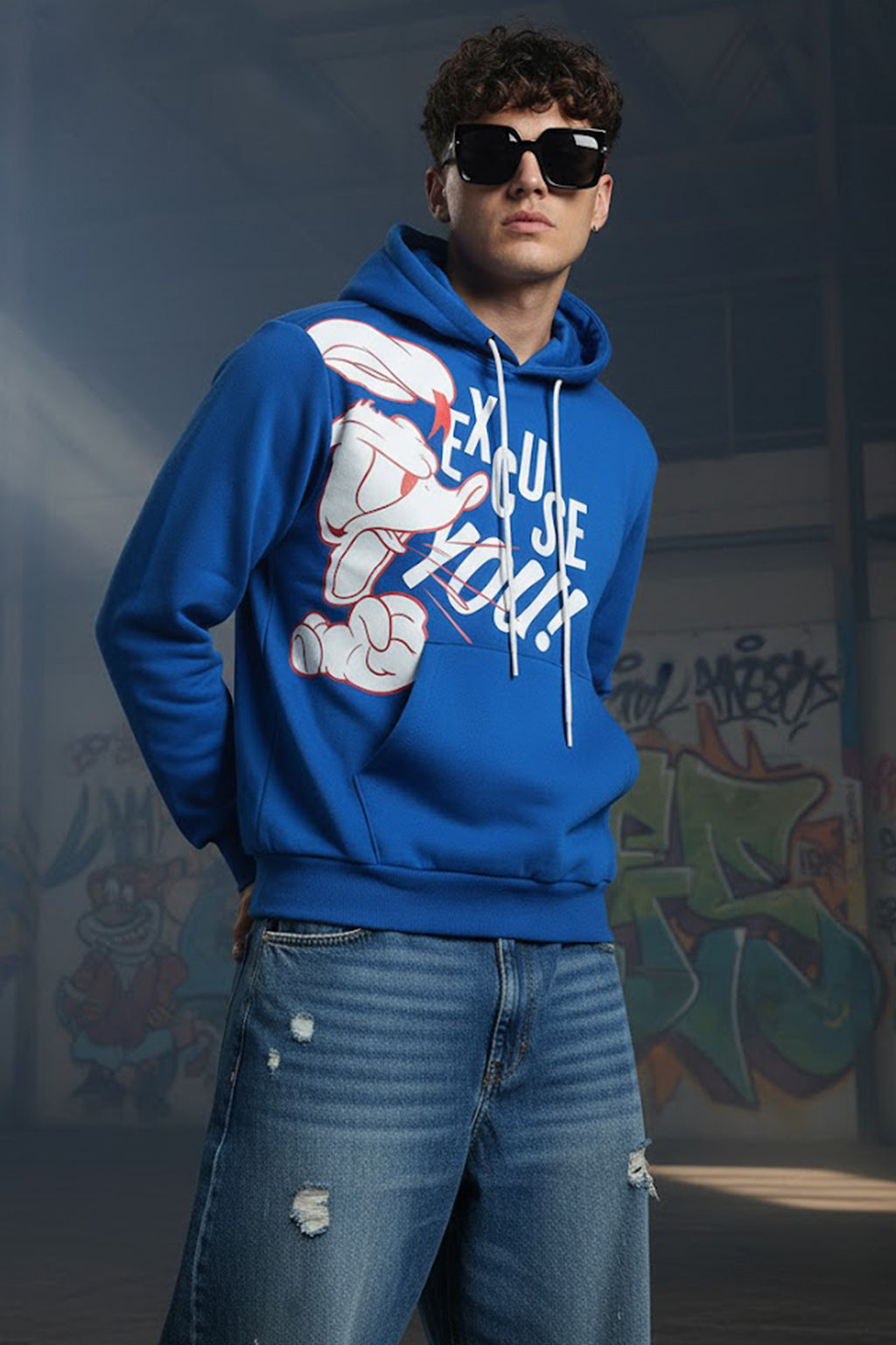 Excuse You Blue Front Graphic Printed Regular Fit Hoodie