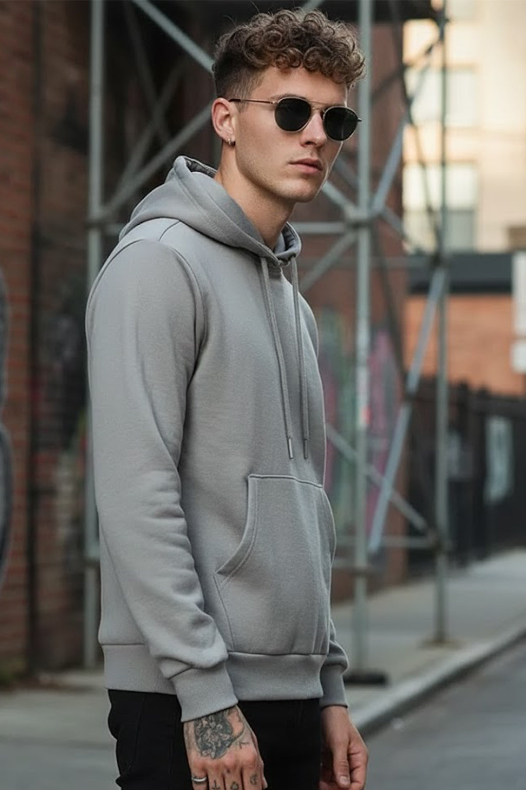 Grey Plain Regular Fit Hoodie