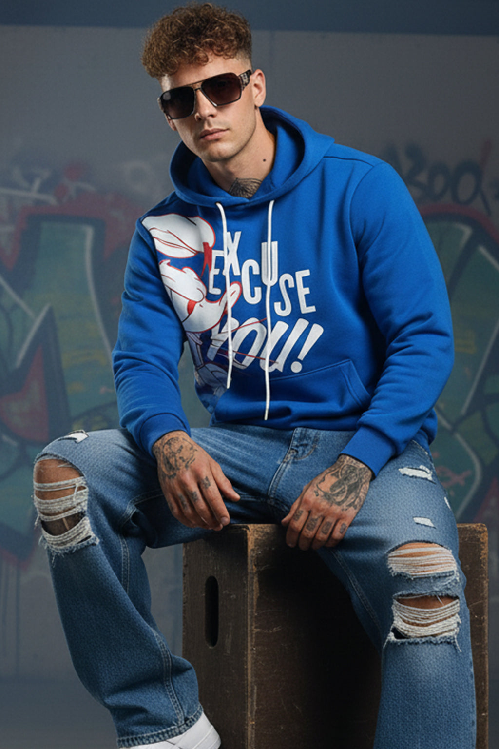 Excuse You Blue Front Graphic Printed Regular Fit Hoodie