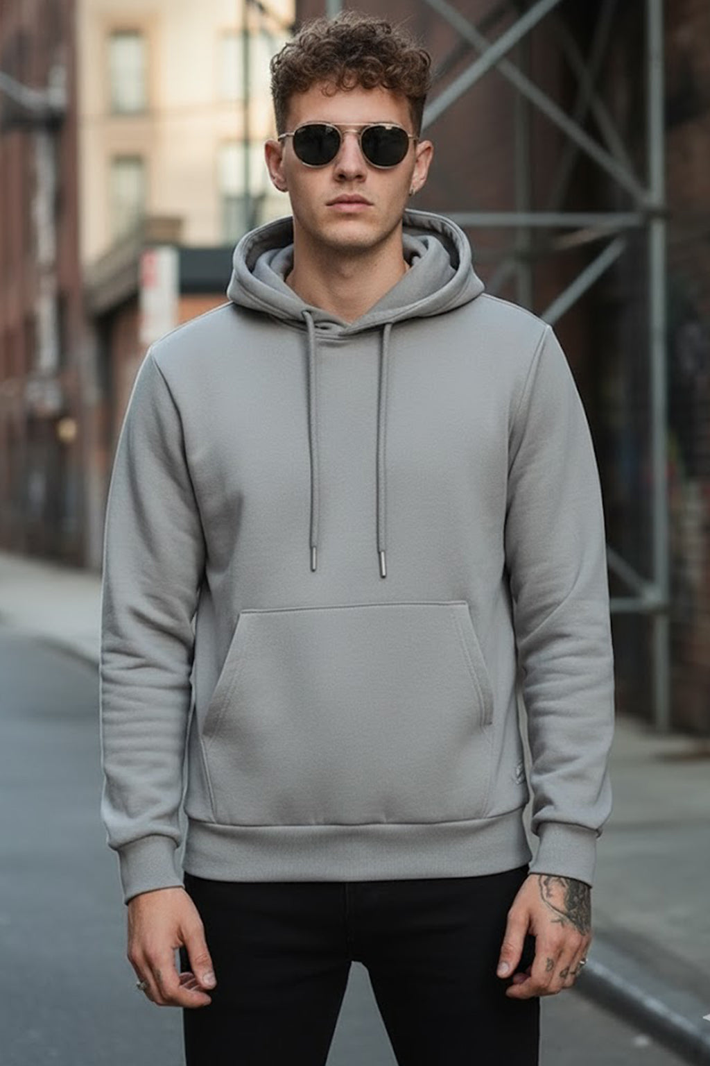 Grey Plain Regular Fit Hoodie