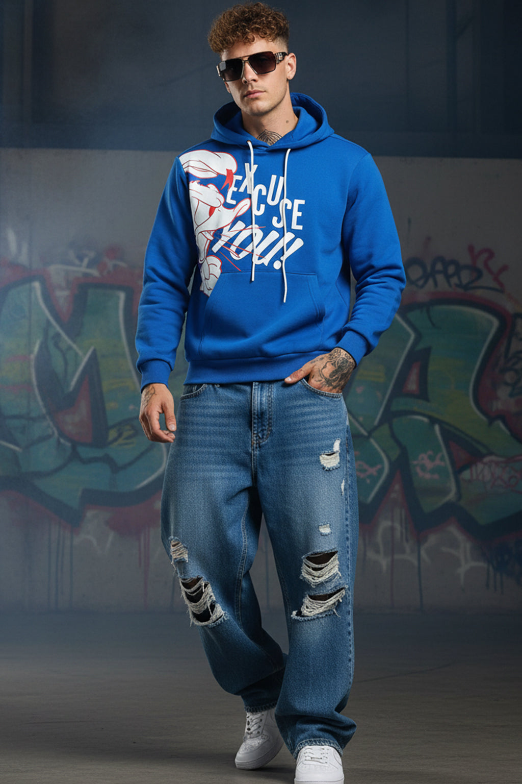 Excuse You Blue Front Graphic Printed Regular Fit Hoodie