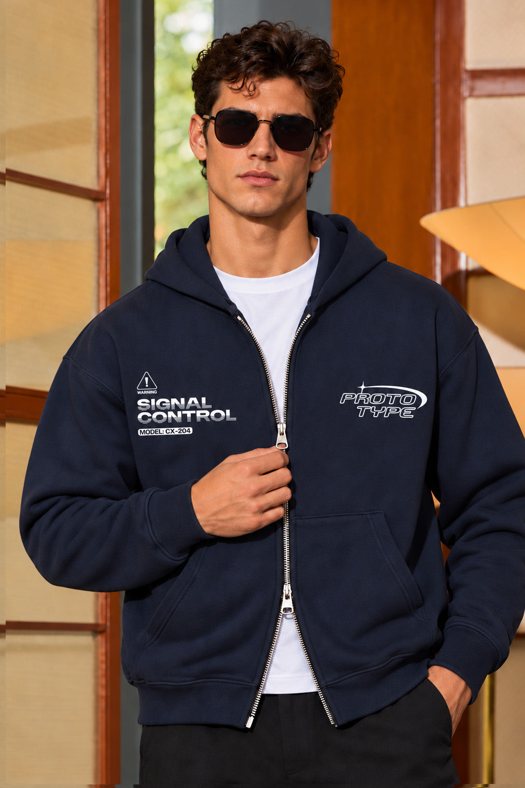 Men's Navy Blue 3-Thread Fleece 320 GSM Heavyweight Double-Zipper Hoodie